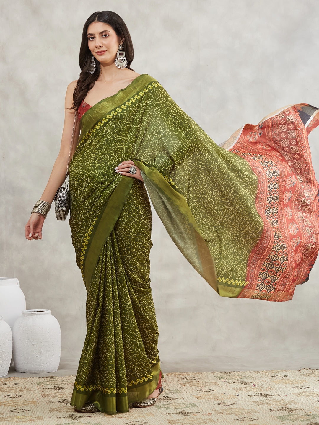 Janasya Women's Mehndi Green Silk Blend Bandhani Printed Printed Saree with Blouse Piece - qivii
