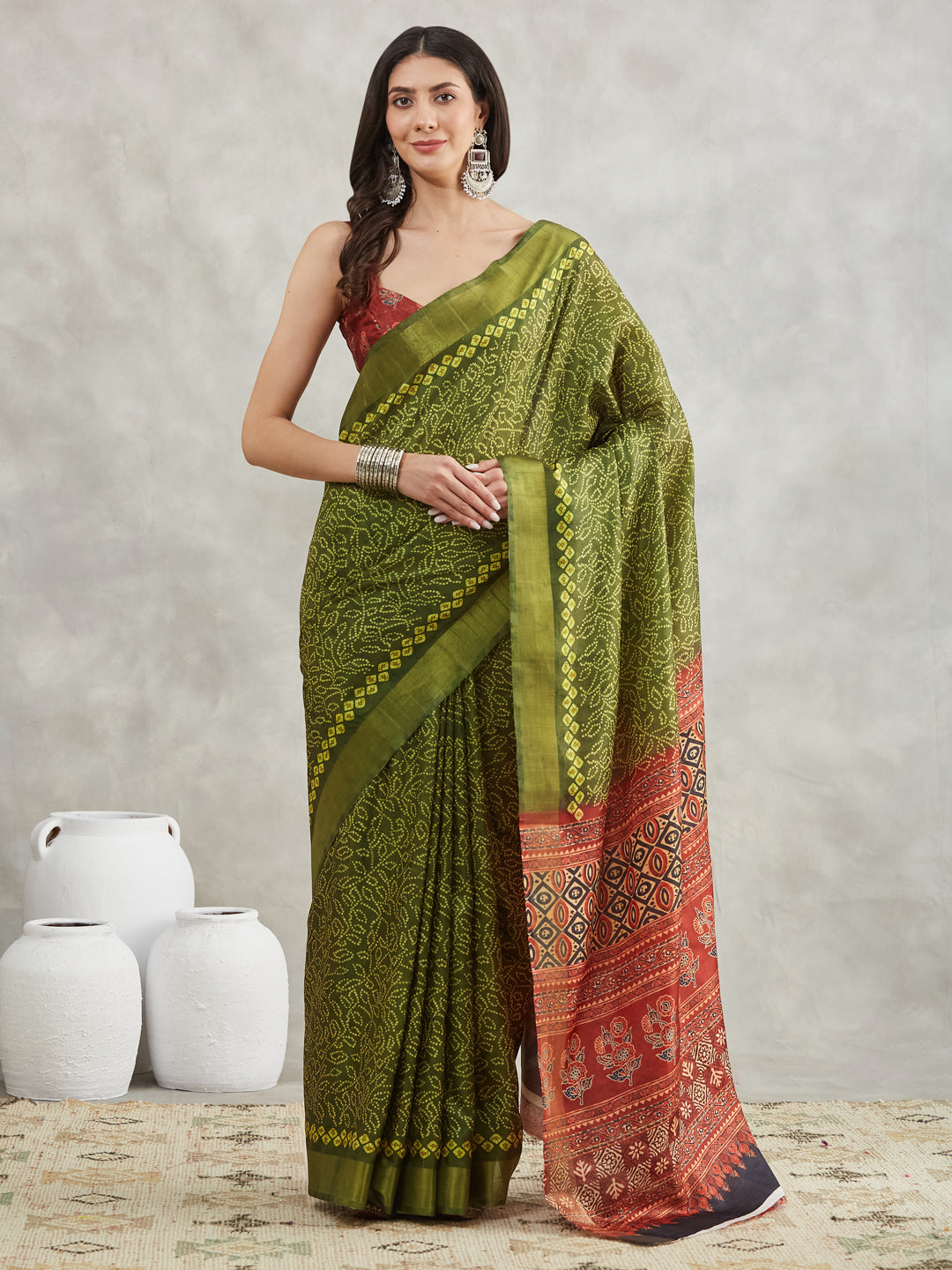 Janasya Women's Mehndi Green Silk Blend Bandhani Printed Printed Saree with Blouse Piece - qivii