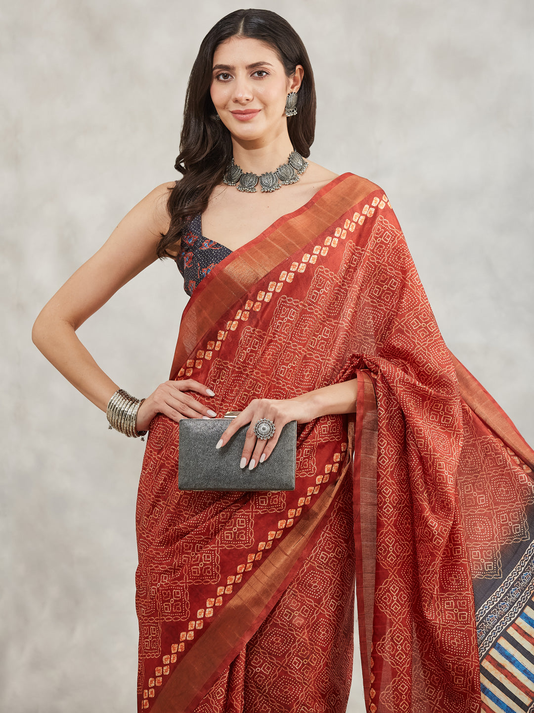 Janasya Women's Rust Orange Silk Blend Bandhani Printed Printed Saree with Blouse Piece - qivii