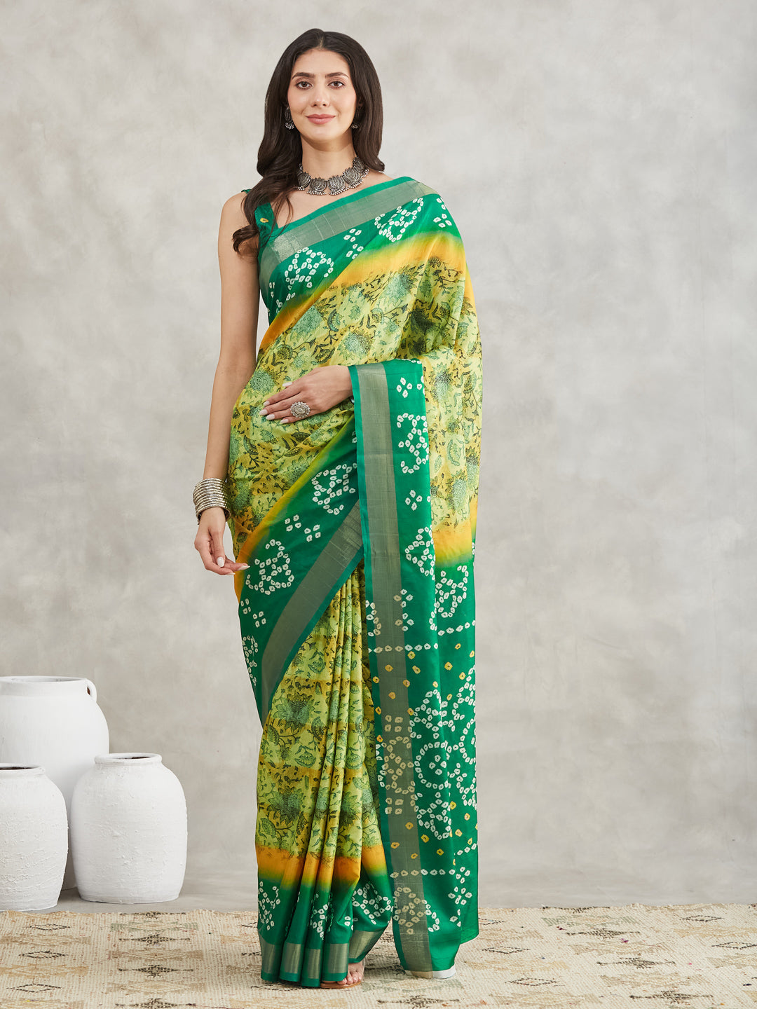 Janasya Women's Mustard & Green Silk Blend Bandhani Printed Printed Saree with Blouse Piece - qivii