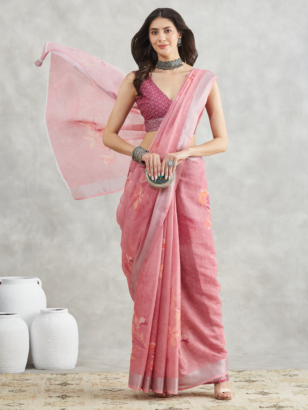 Janasya Women's Mauve Linen Blend Floral Printed Printed Saree with Blouse Piece - qivii