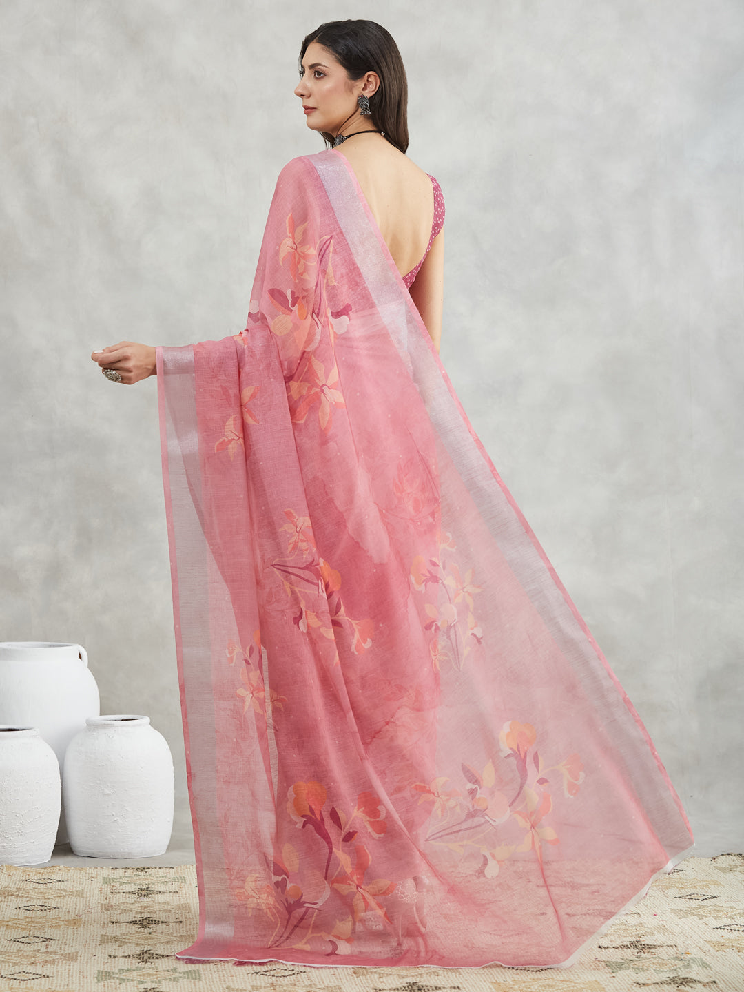 Janasya Women's Mauve Linen Blend Floral Printed Printed Saree with Blouse Piece - qivii