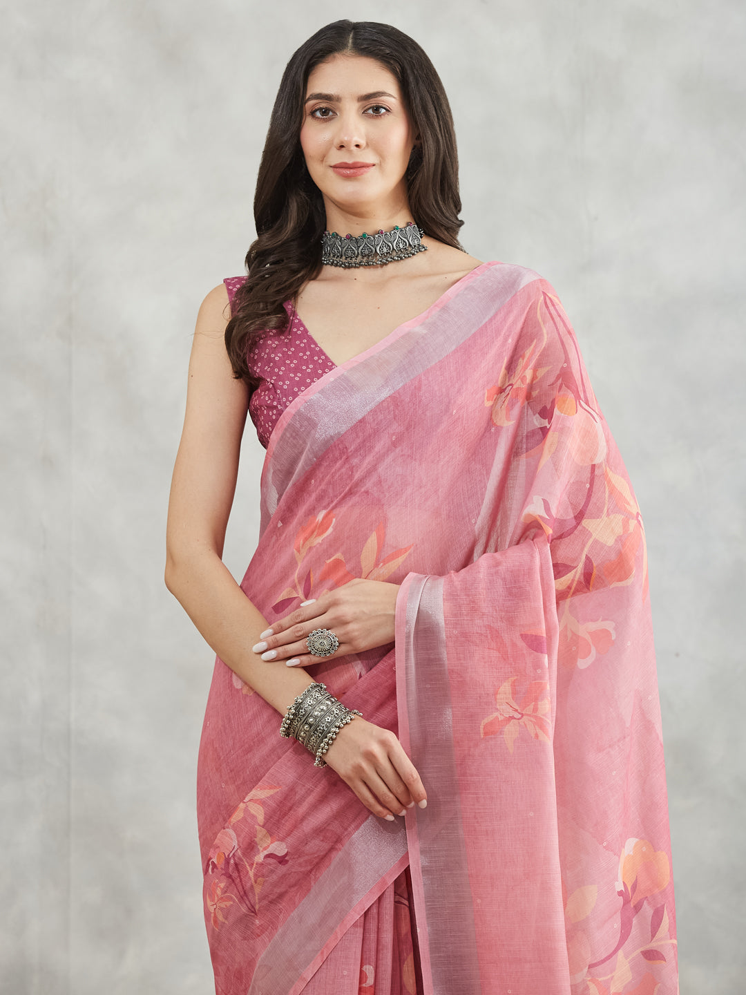 Janasya Women's Mauve Linen Blend Floral Printed Printed Saree with Blouse Piece - qivii