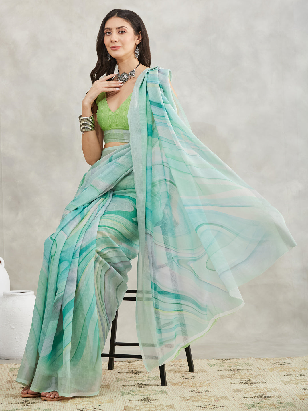 Janasya Women's Sea Green Linen Blend Abstract Printed Printed Saree with Blouse Piece - qivii