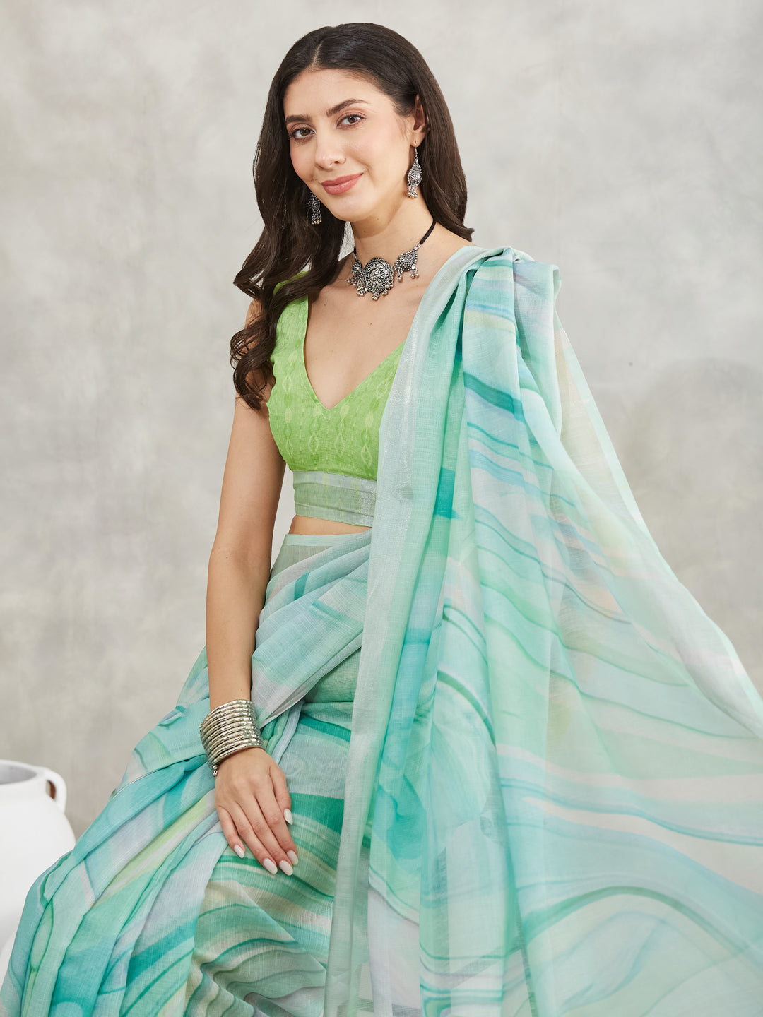 Janasya Women's Sea Green Linen Blend Abstract Printed Printed Saree with Blouse Piece - qivii