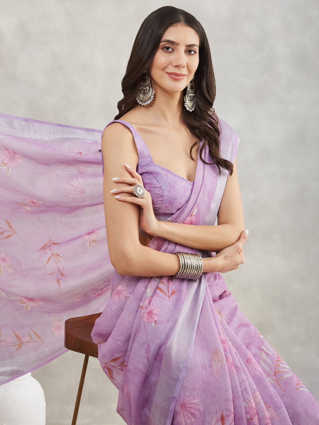 Janasya Women's Lavender Linen Blend Floral Printed Printed Saree with Blouse Piece - qivii