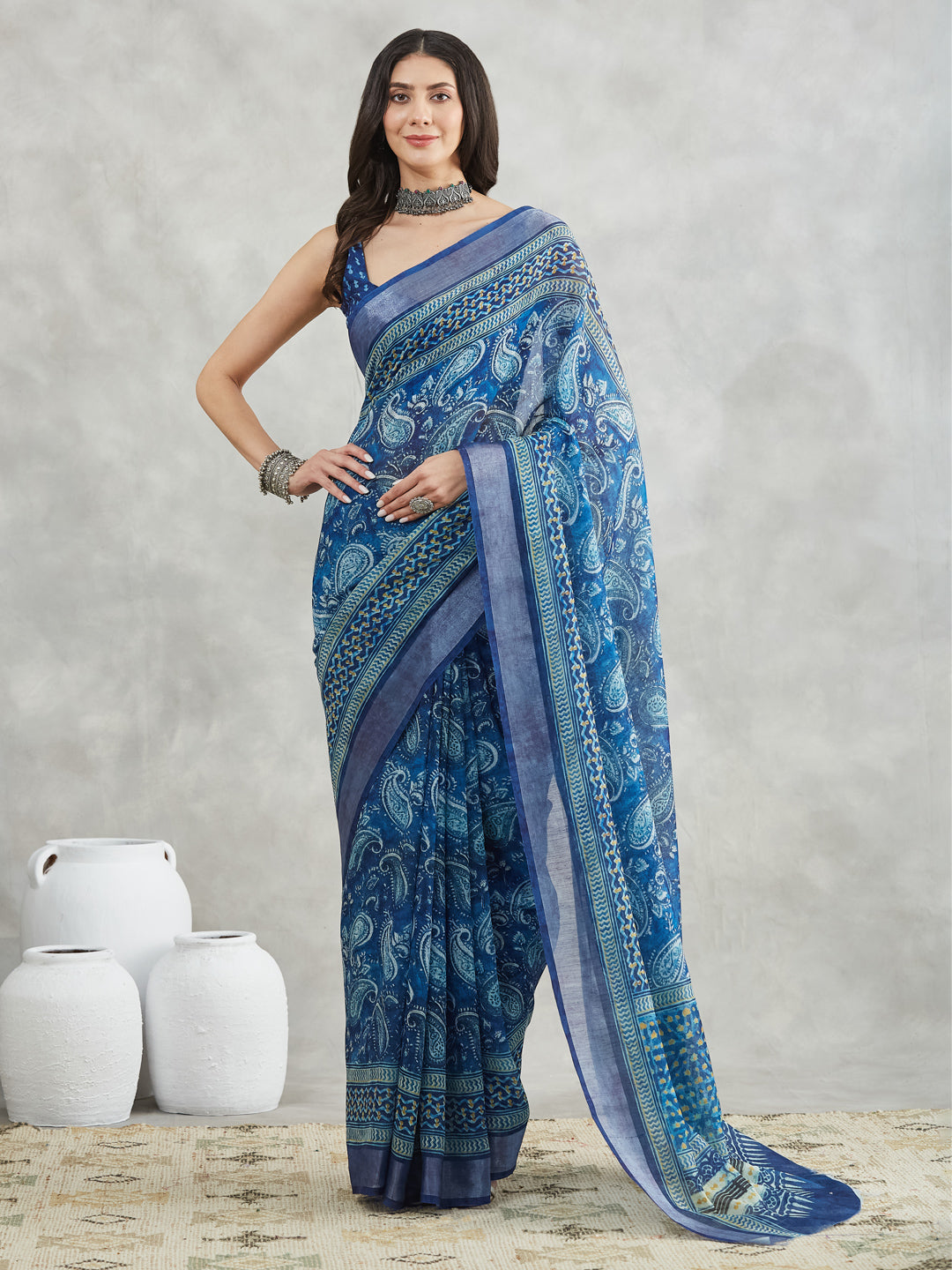 Janasya Women's Blue Linen Blend Paisley Printed Printed Saree with Blouse Piece - qivii