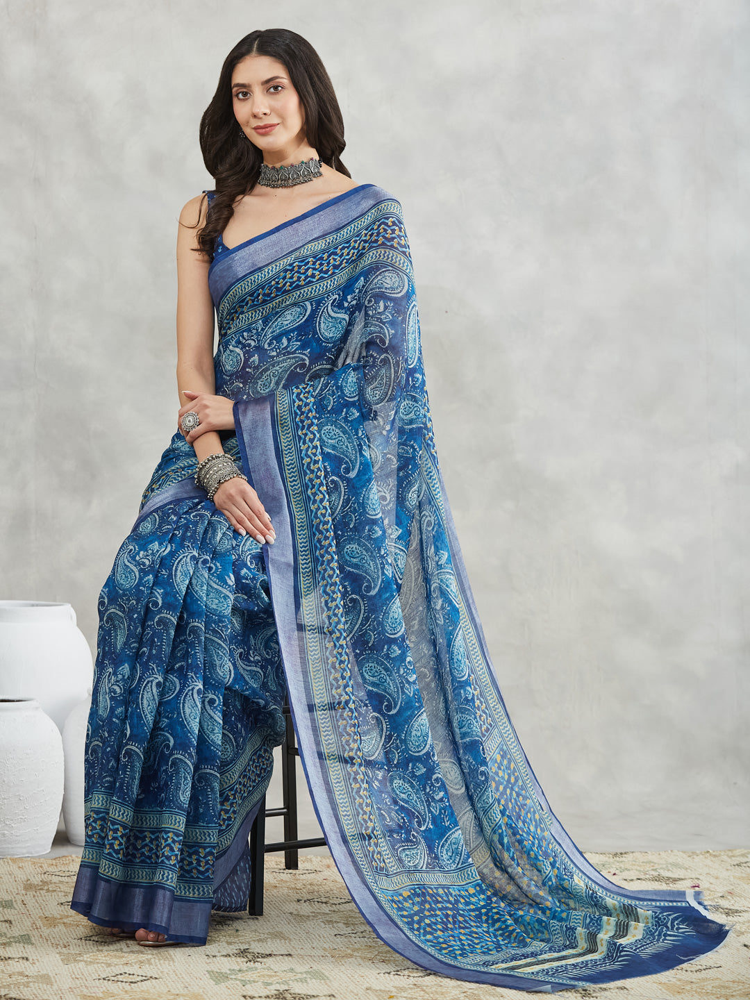 Janasya Women's Blue Linen Blend Paisley Printed Printed Saree with Blouse Piece - qivii