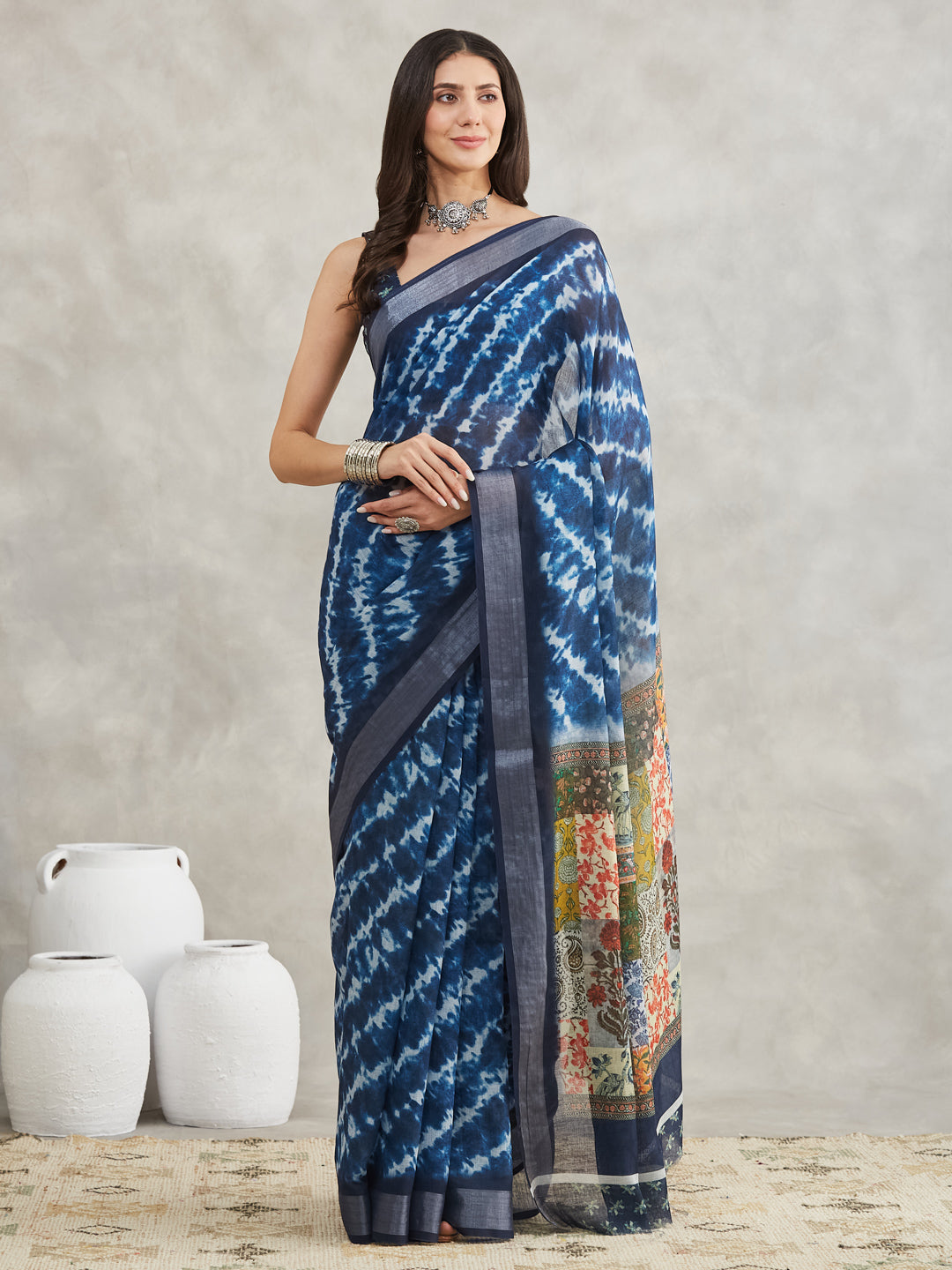 Janasya Women's Indigo Linen Blend Tie & Dye Printed Printed Saree with Blouse Piece - qivii