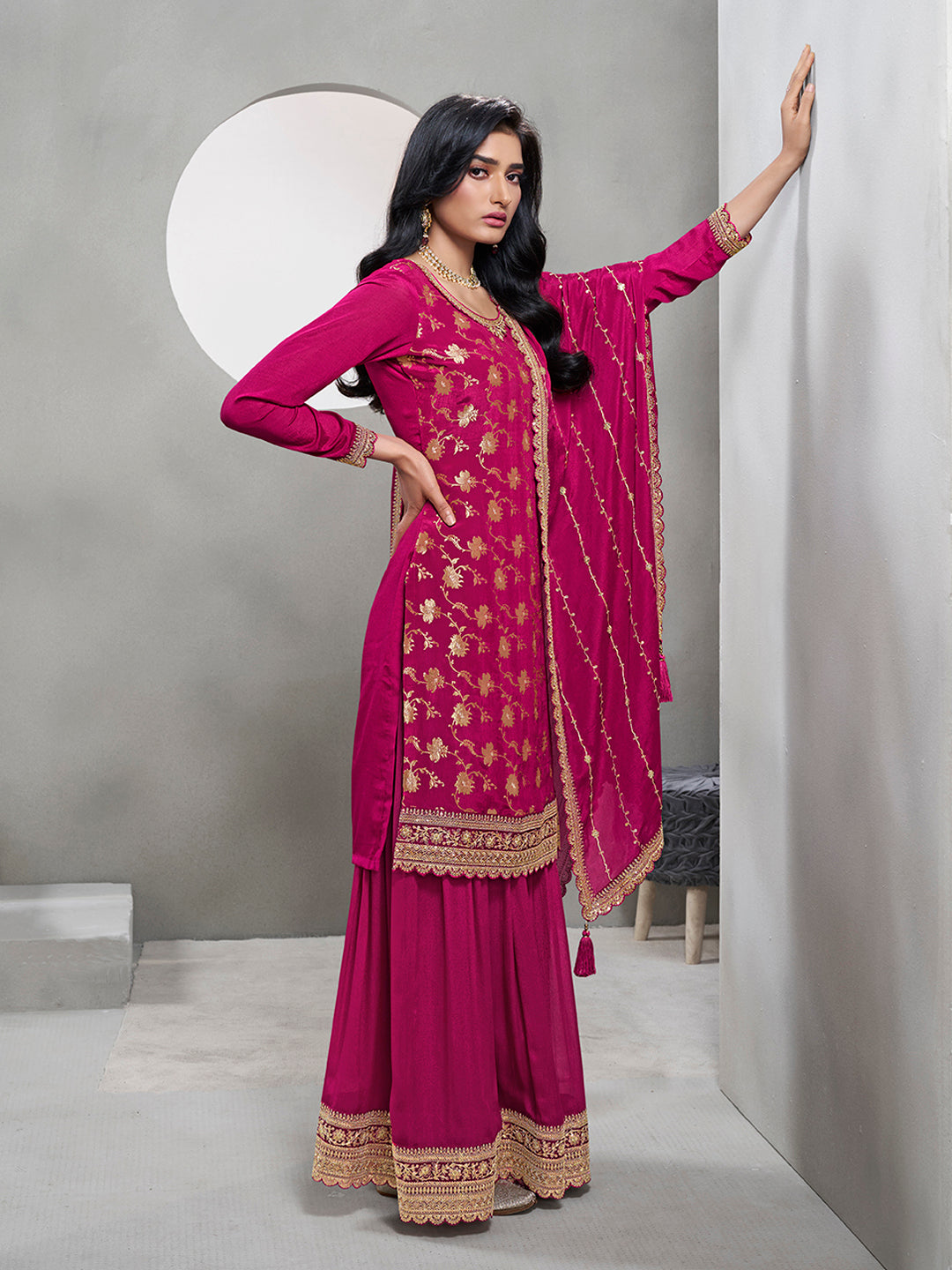 Magenta Jacquard with Embroidery Sharara Suit Set