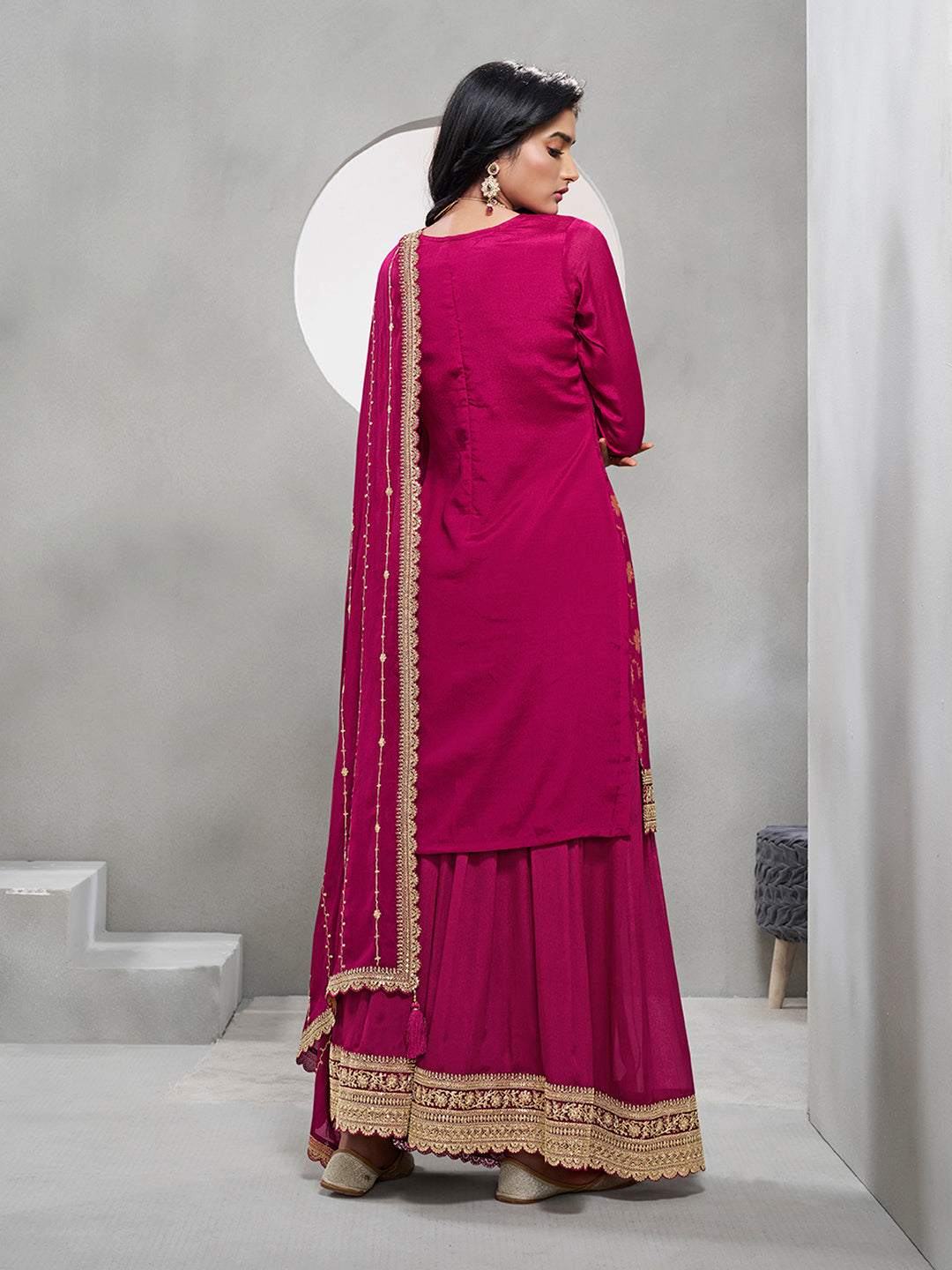 Magenta Jacquard with Embroidery Sharara Suit Set
