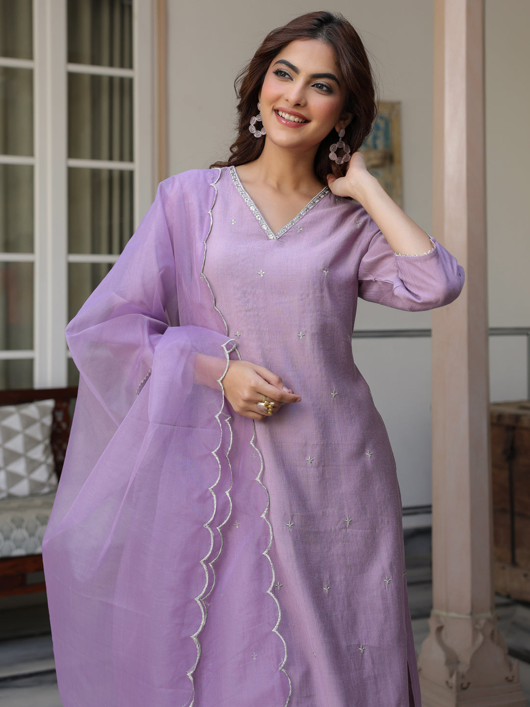 Women's Lavender Chinon Embellished Kurta with Pant and Dupatta - qivii