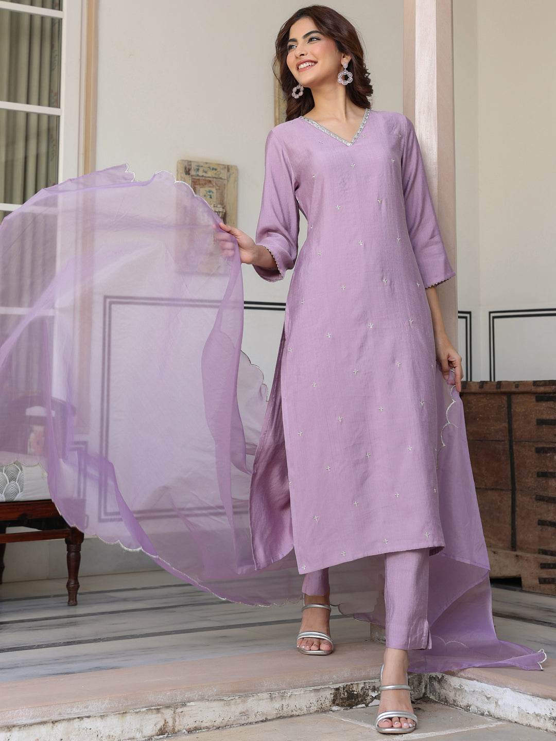 Women's Lavender Chinon Embellished Kurta with Pant and Dupatta - qivii