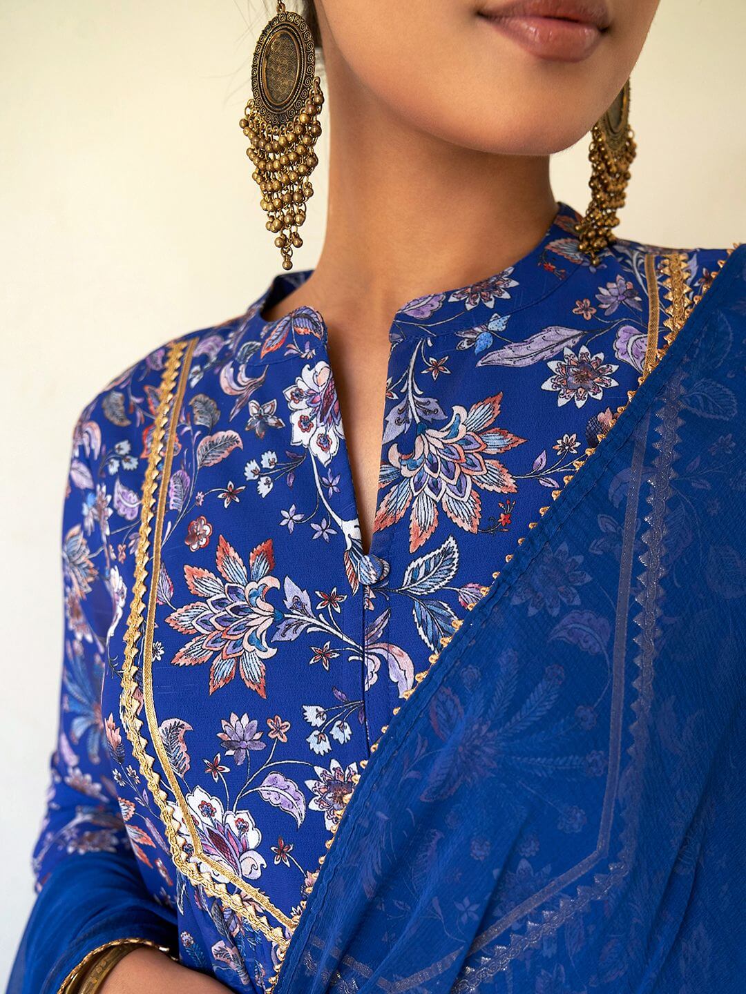 Blue Georgette Floral Kurta Palazzo Set - qivii