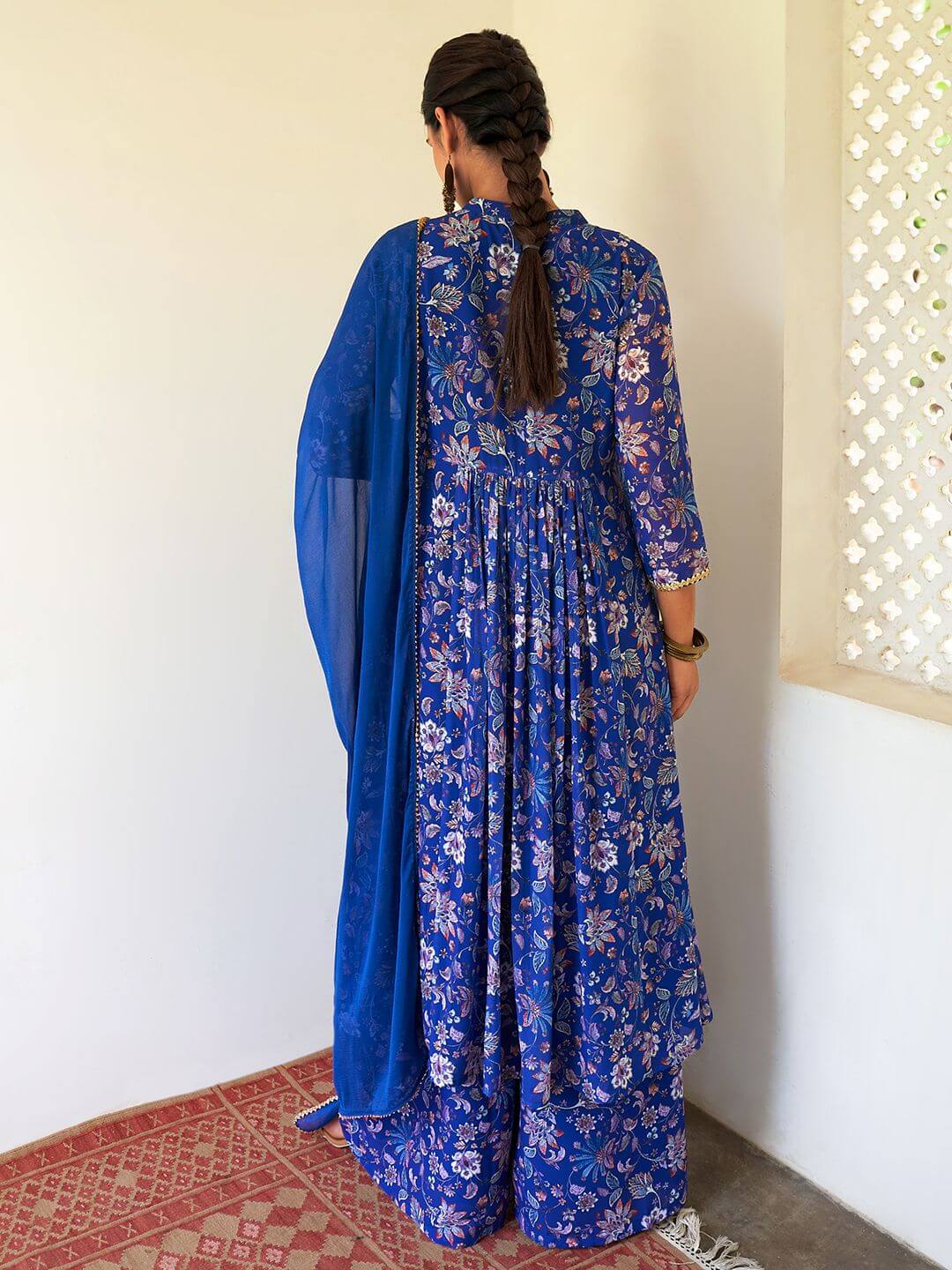 Blue Georgette Floral Kurta Palazzo Set - qivii