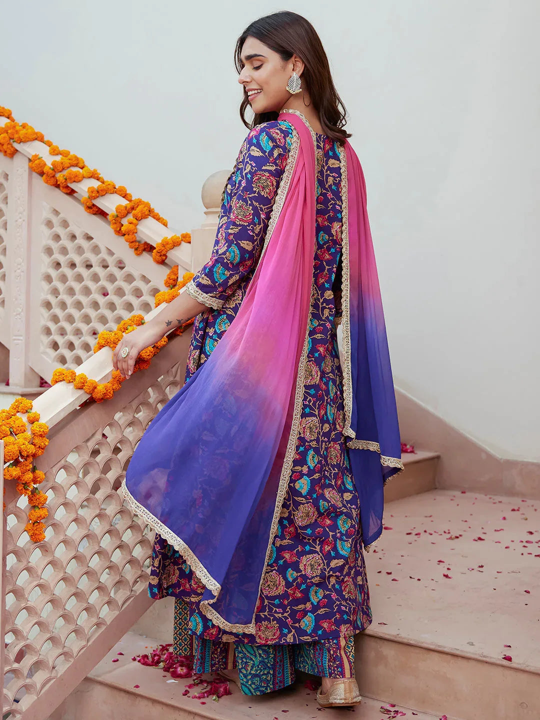 Purple Cotton Embellished Ethnic Printed Kurta with Flared Palazzo and Dupatta