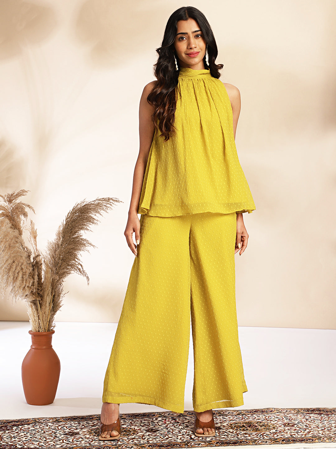 Yellow Dobby Chiffon Solid Co-ord Set - qivii