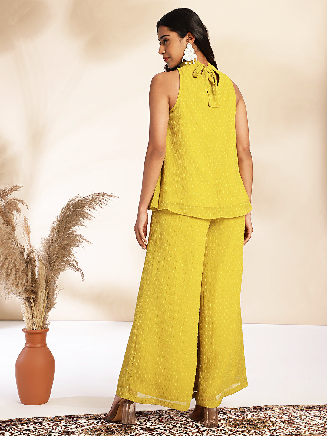 Yellow Dobby Chiffon Solid Co-ord Set - qivii