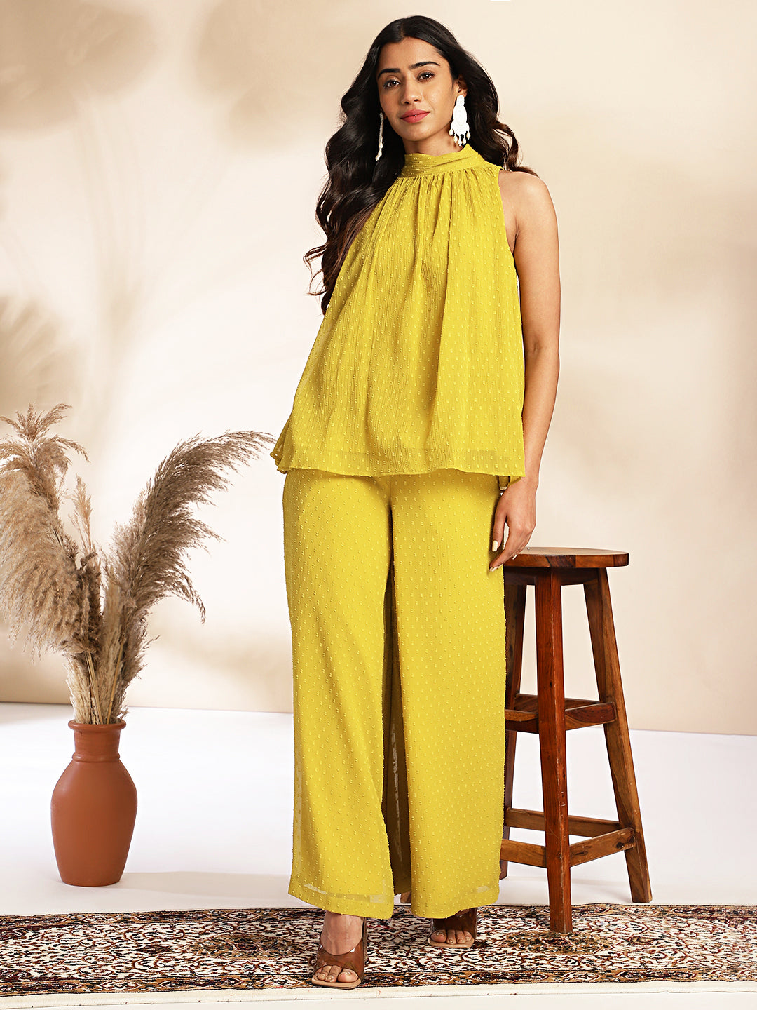 Yellow Dobby Chiffon Solid Co-ord Set - qivii