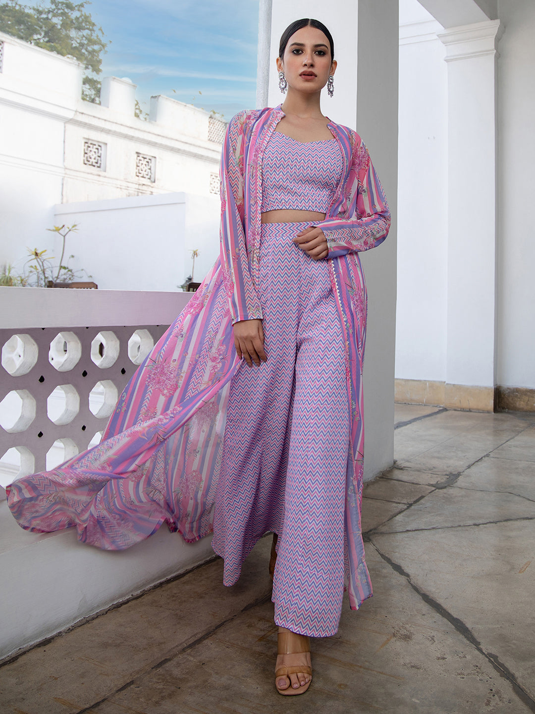 Lavender Georgette Chevron Co-ord Set - qivii