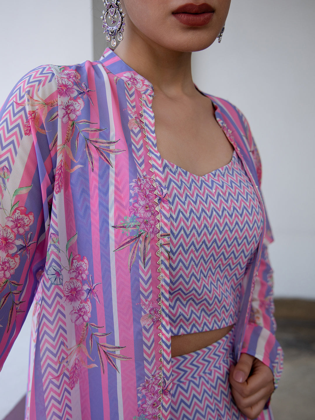 Lavender Georgette Chevron Co-ord Set - qivii