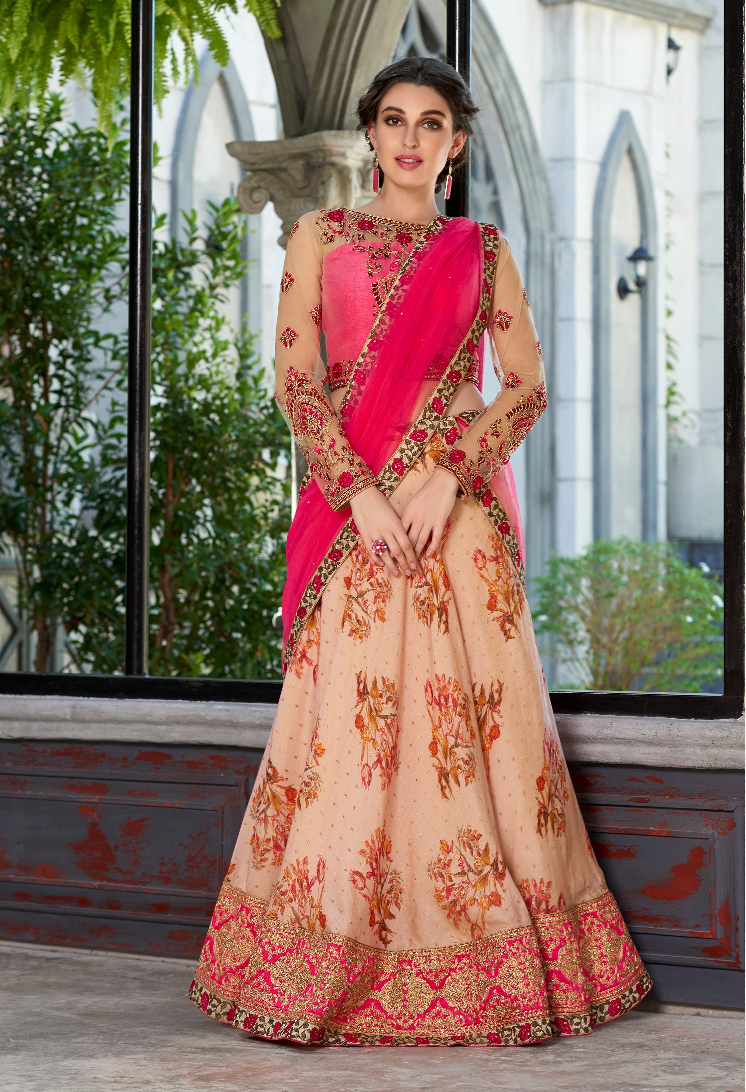 Floral Bliss: Chanderi Silk Lehenga Set with Embroidery Work - qivii