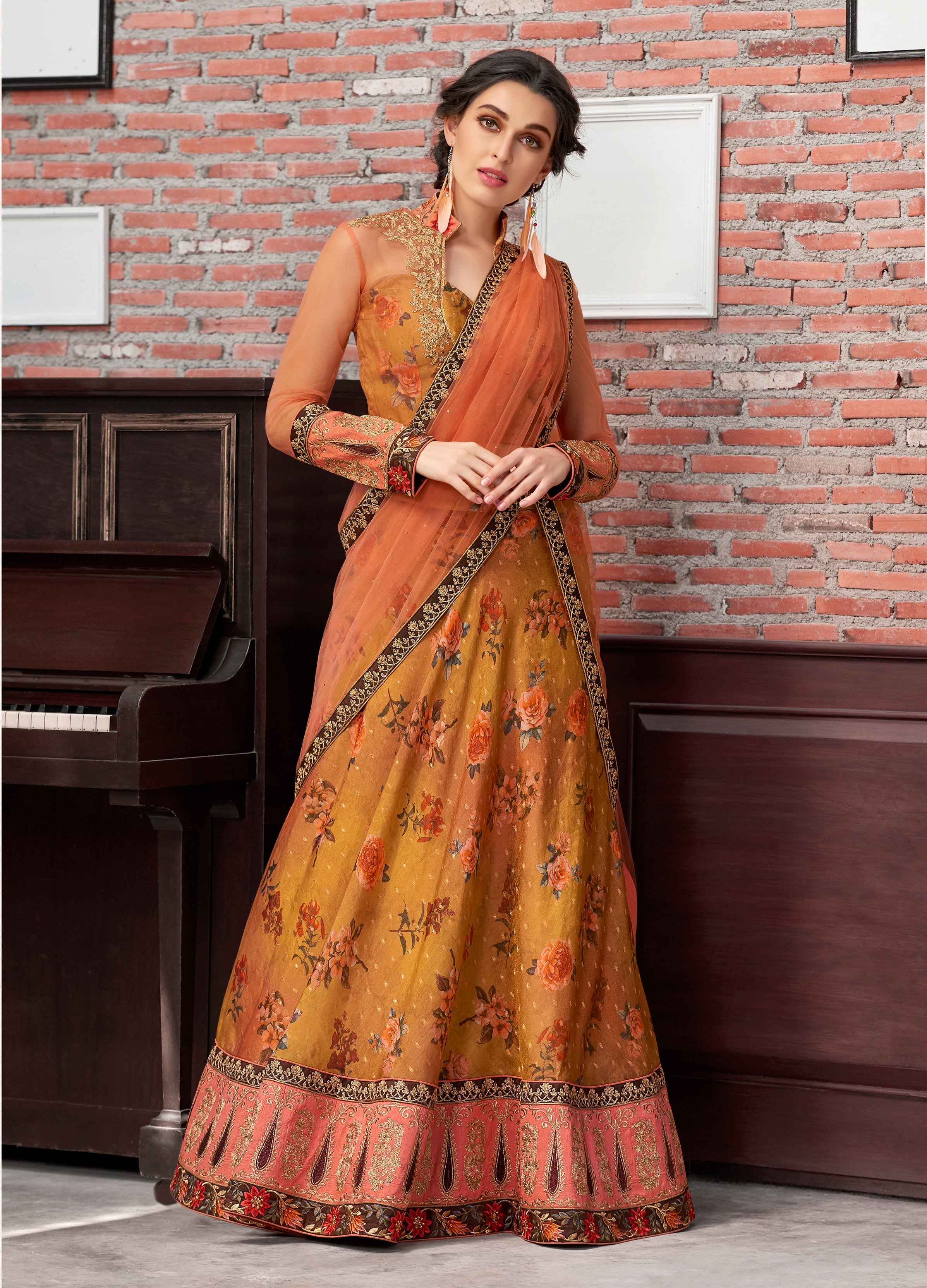 Pure Elegance: Digital Print Chanderi Silk Lehenga Set - qivii