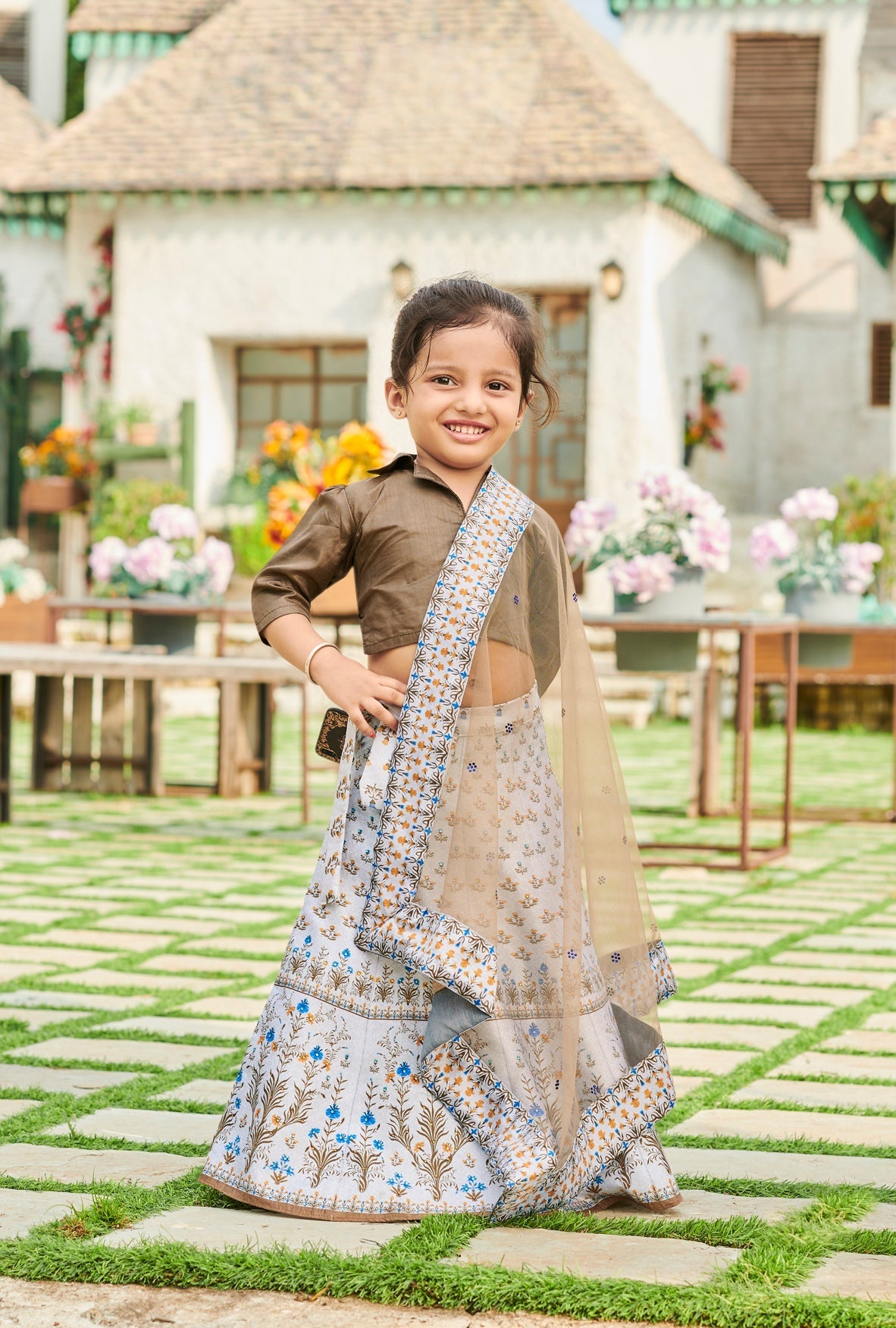 Enchanting Blooms Tussar Silk Kids Lehenga - qivii