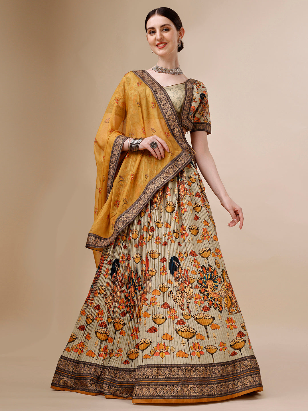 Graceful Kalamkari Printed Lehenga Cholie Set A Fusion of Art and Elegance - qivii