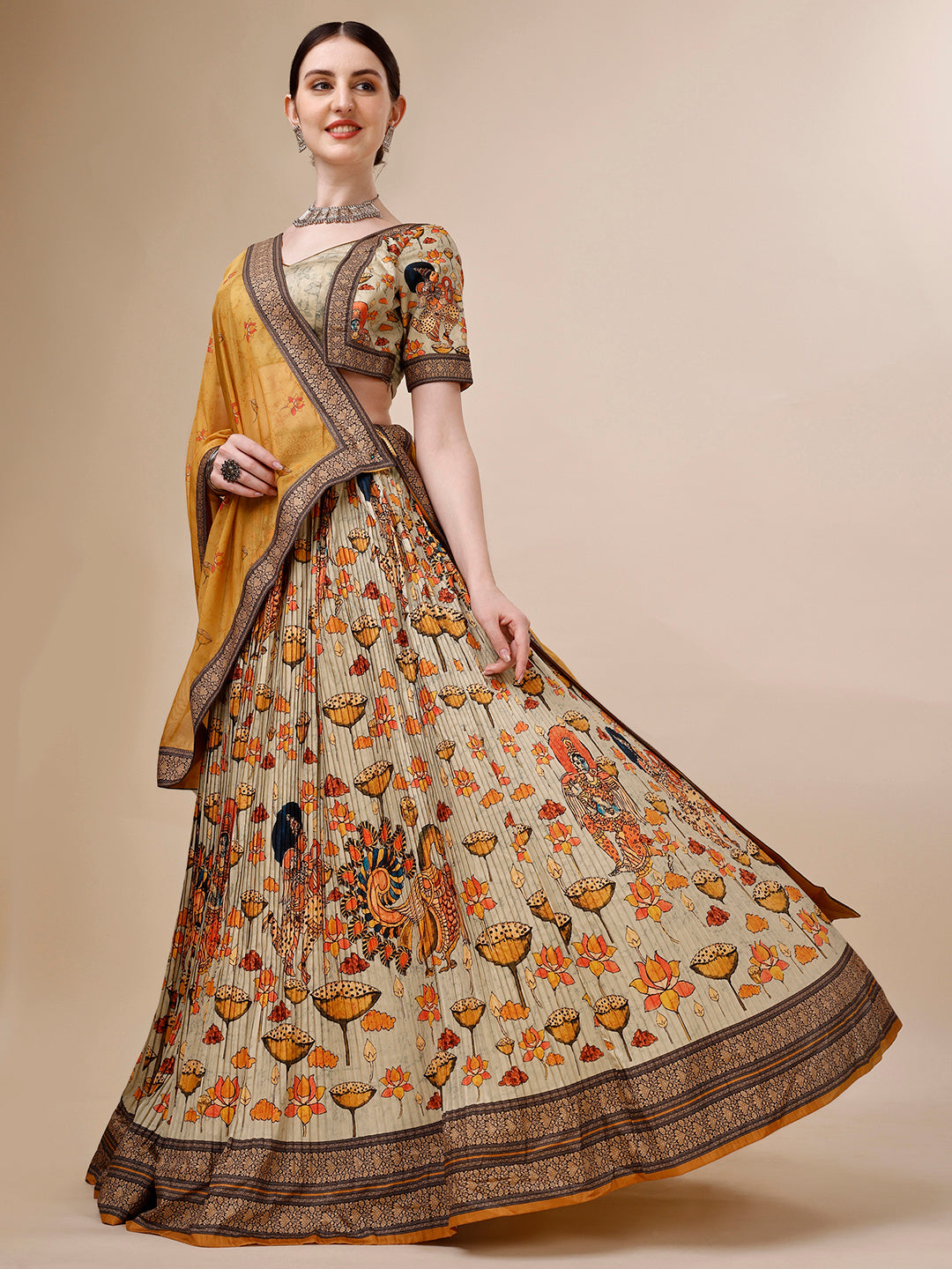 Graceful Kalamkari Printed Lehenga Cholie Set A Fusion of Art and Elegance - qivii