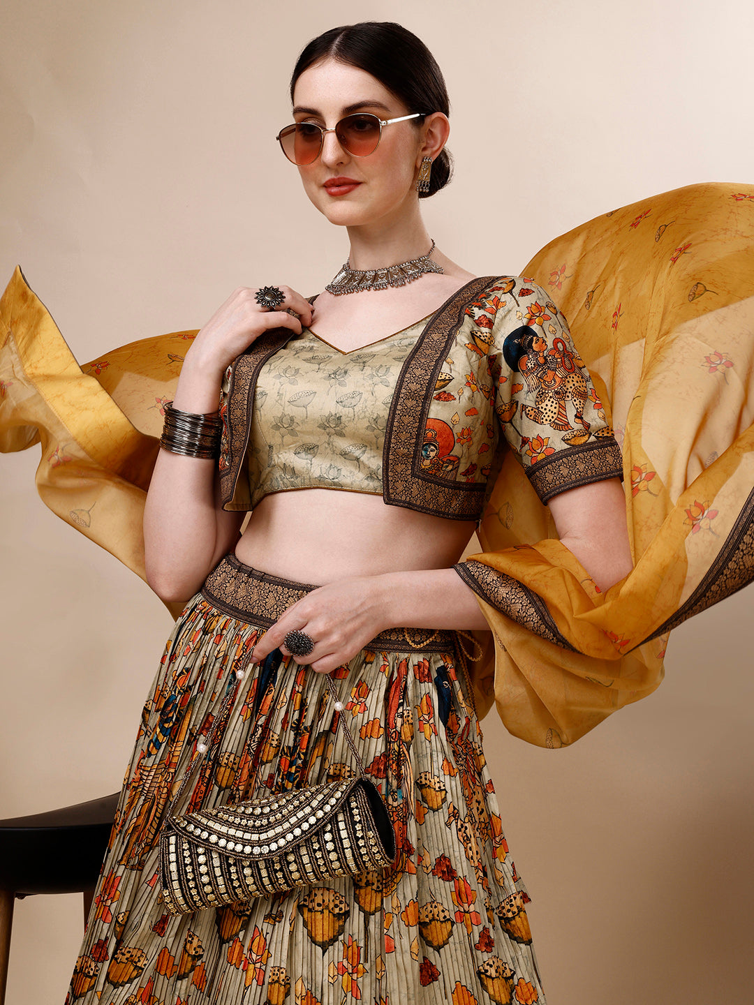 Graceful Kalamkari Printed Lehenga Cholie Set A Fusion of Art and Elegance - qivii