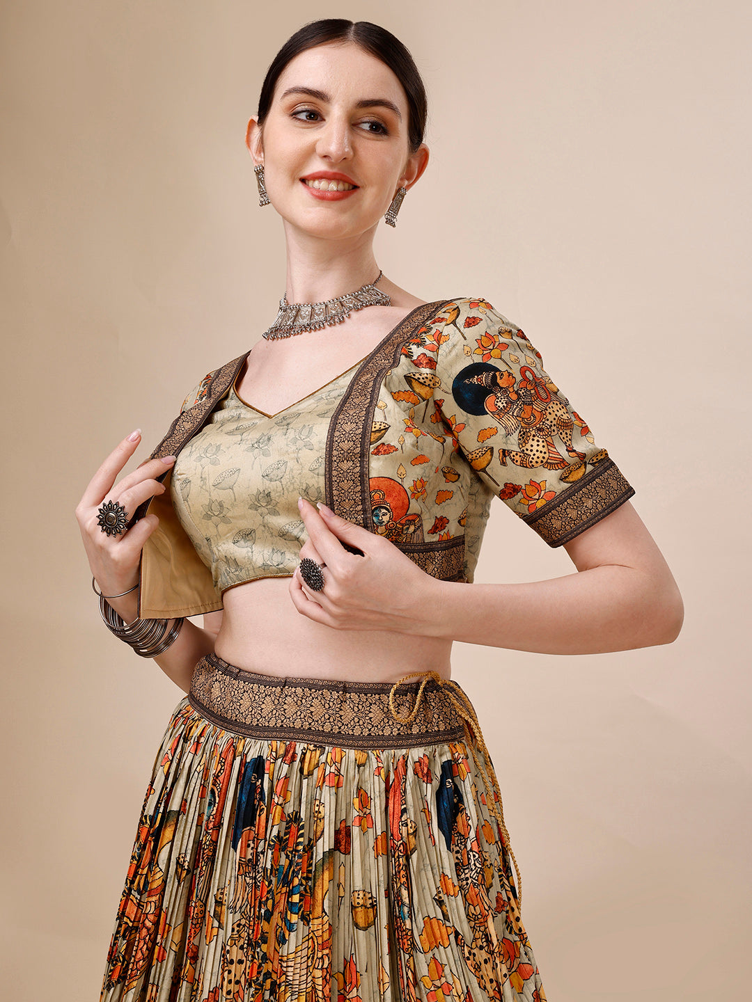 Graceful Kalamkari Printed Lehenga Cholie Set A Fusion of Art and Elegance - qivii