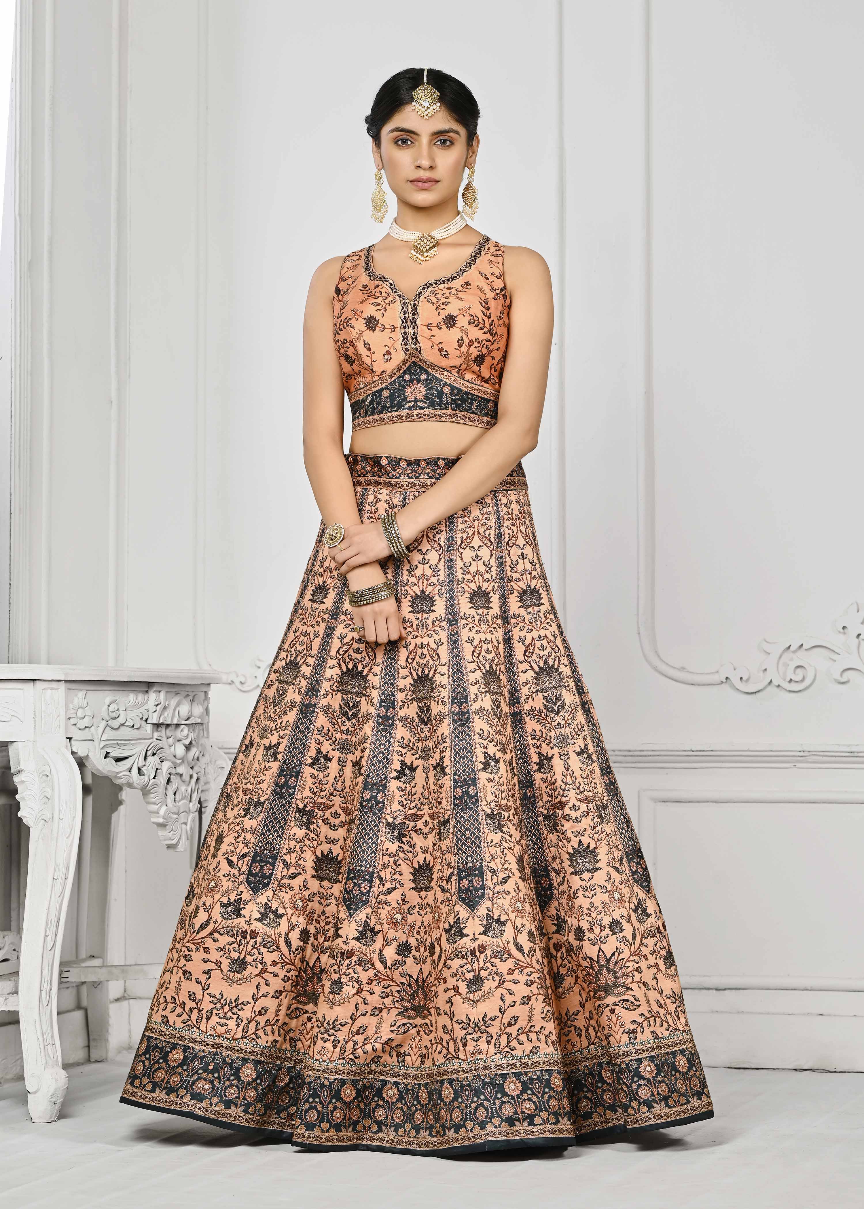 Dazzling Elegance: Swarovski Symphony Digital Print Lehenga - qivii