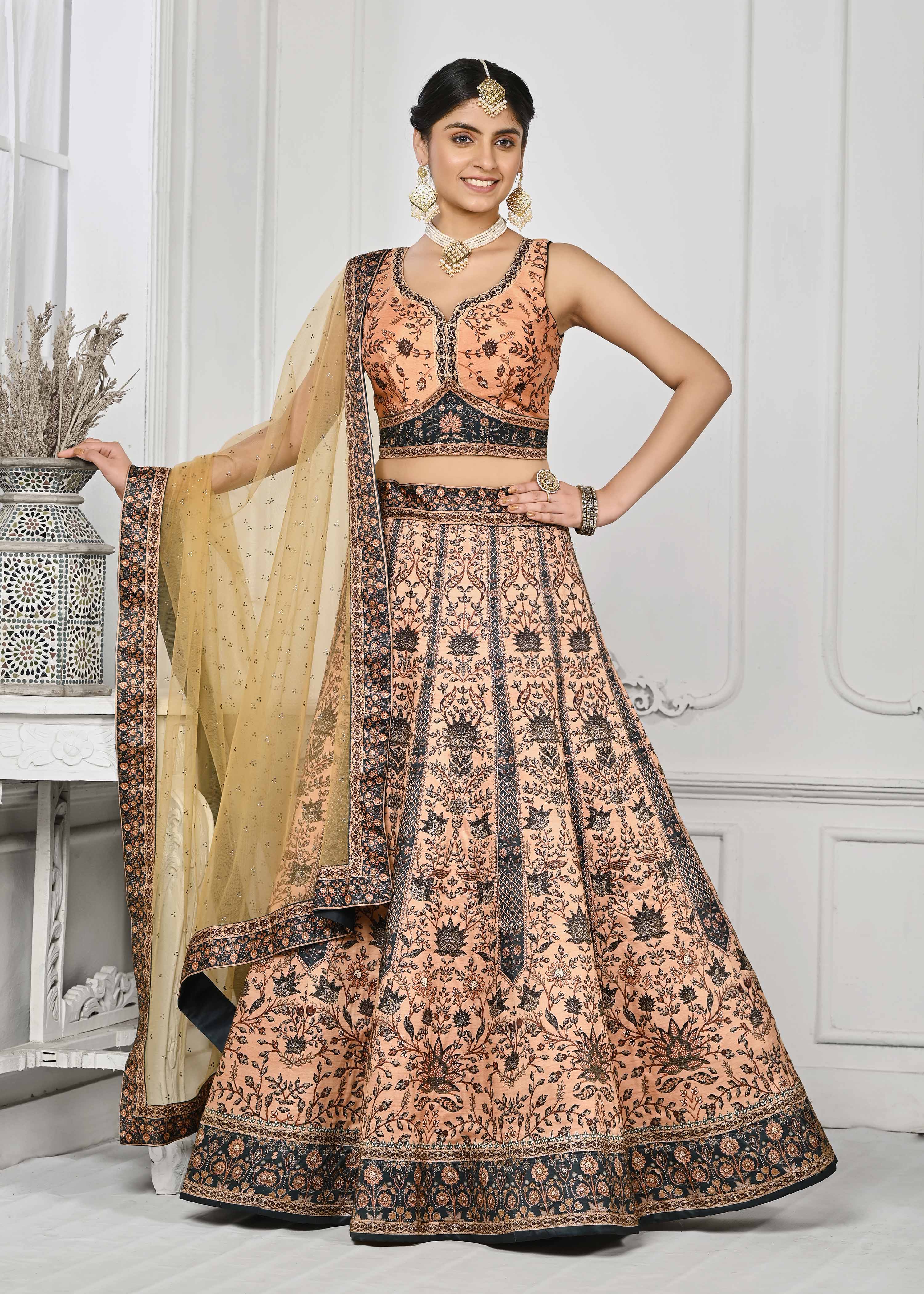 Dazzling Elegance: Swarovski Symphony Digital Print Lehenga - qivii