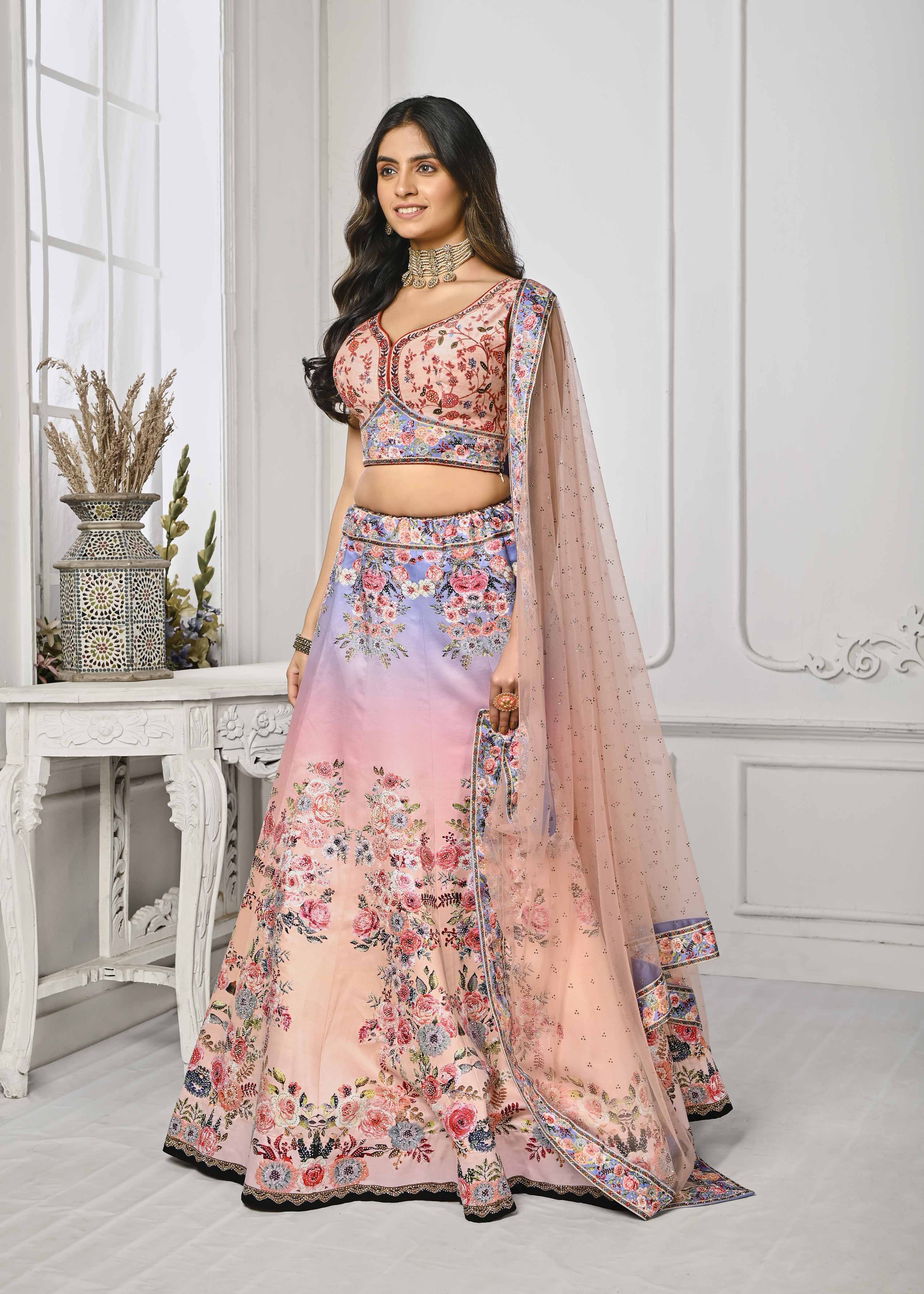 Glimmering Elegance: Swarovski Crystal Infused Digital Print Lehenga - qivii