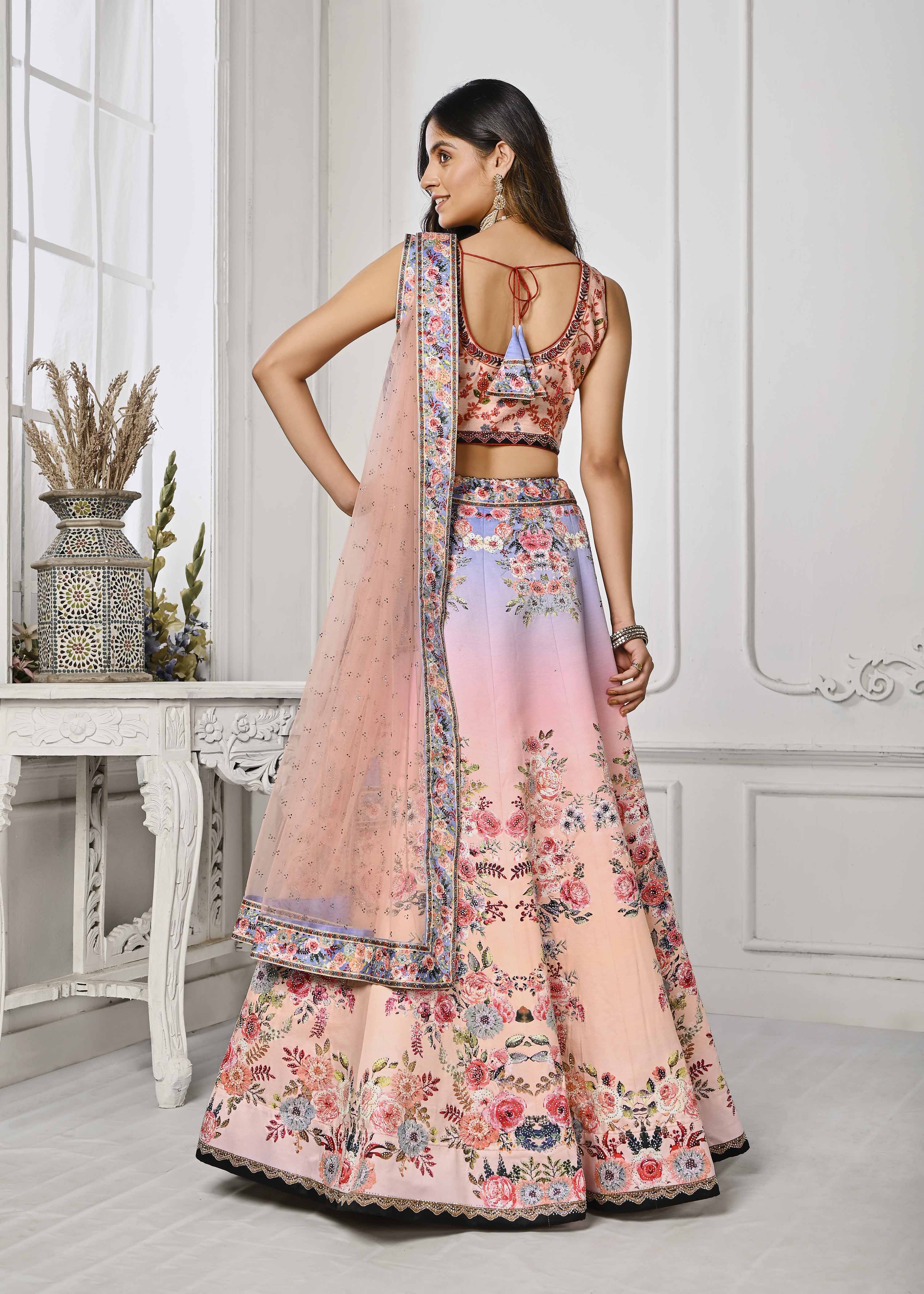 Glimmering Elegance: Swarovski Crystal Infused Digital Print Lehenga - qivii