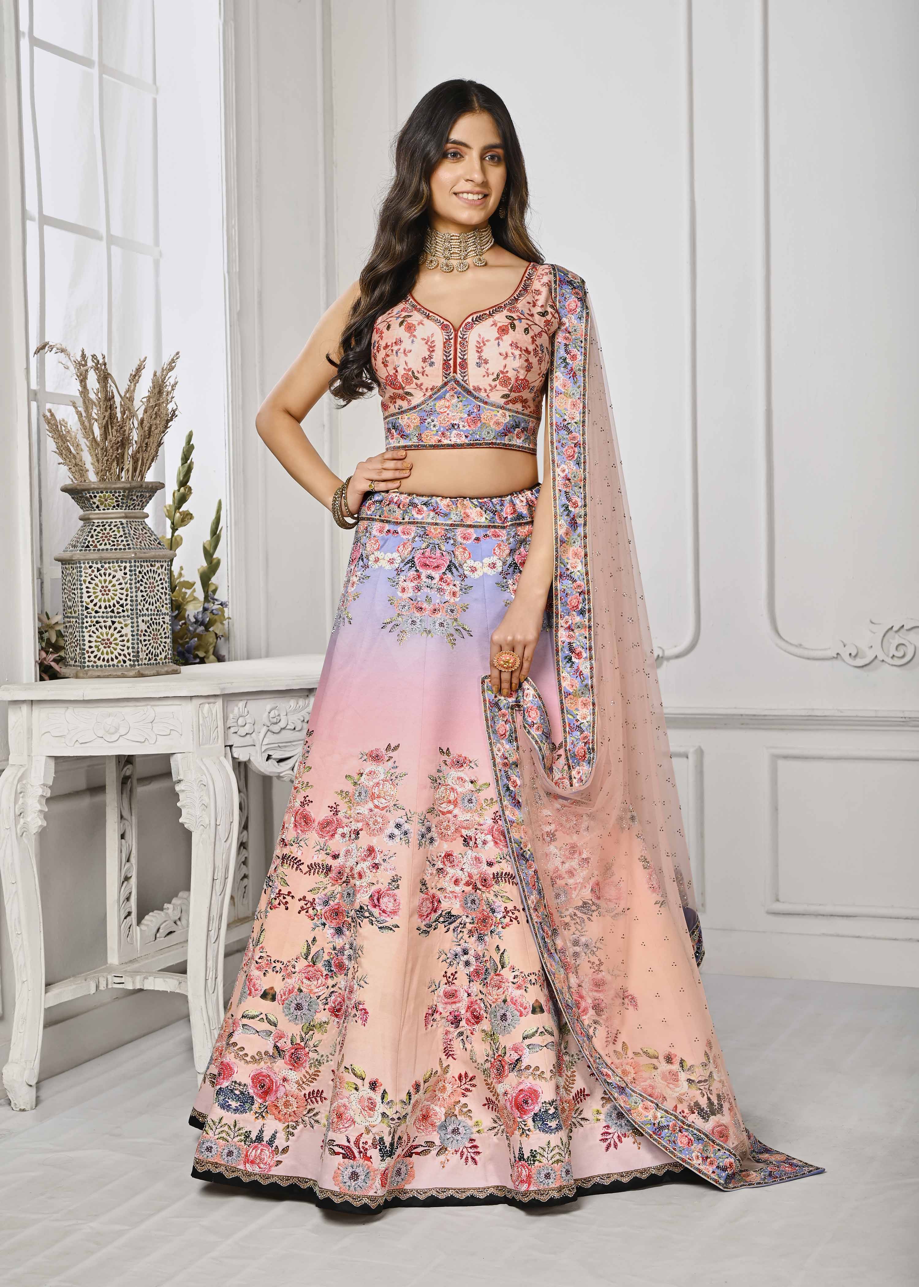 Glimmering Elegance: Swarovski Crystal Infused Digital Print Lehenga - qivii