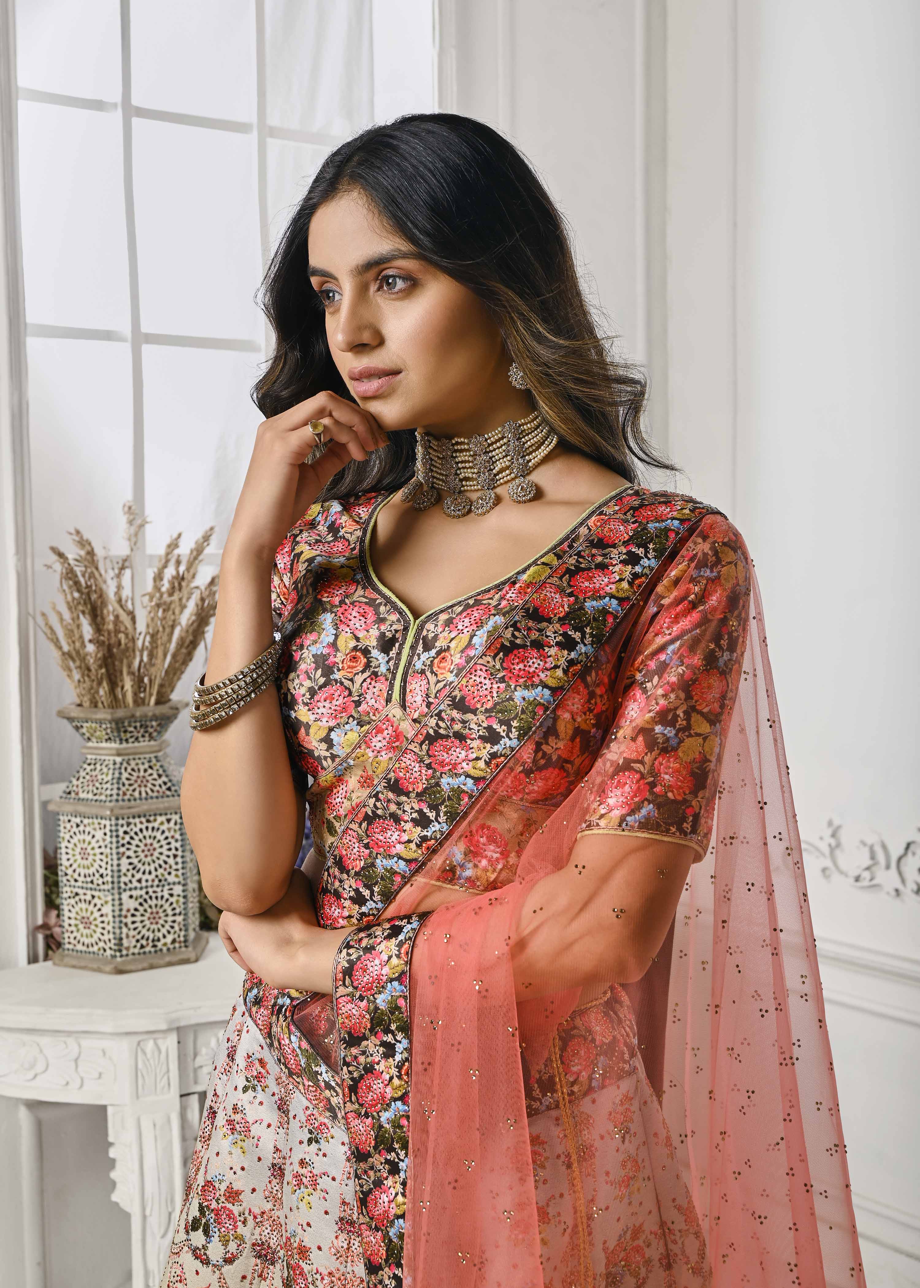 Crystal Elegance: Swarovski-Embellished Digital Print Lehenga - qivii