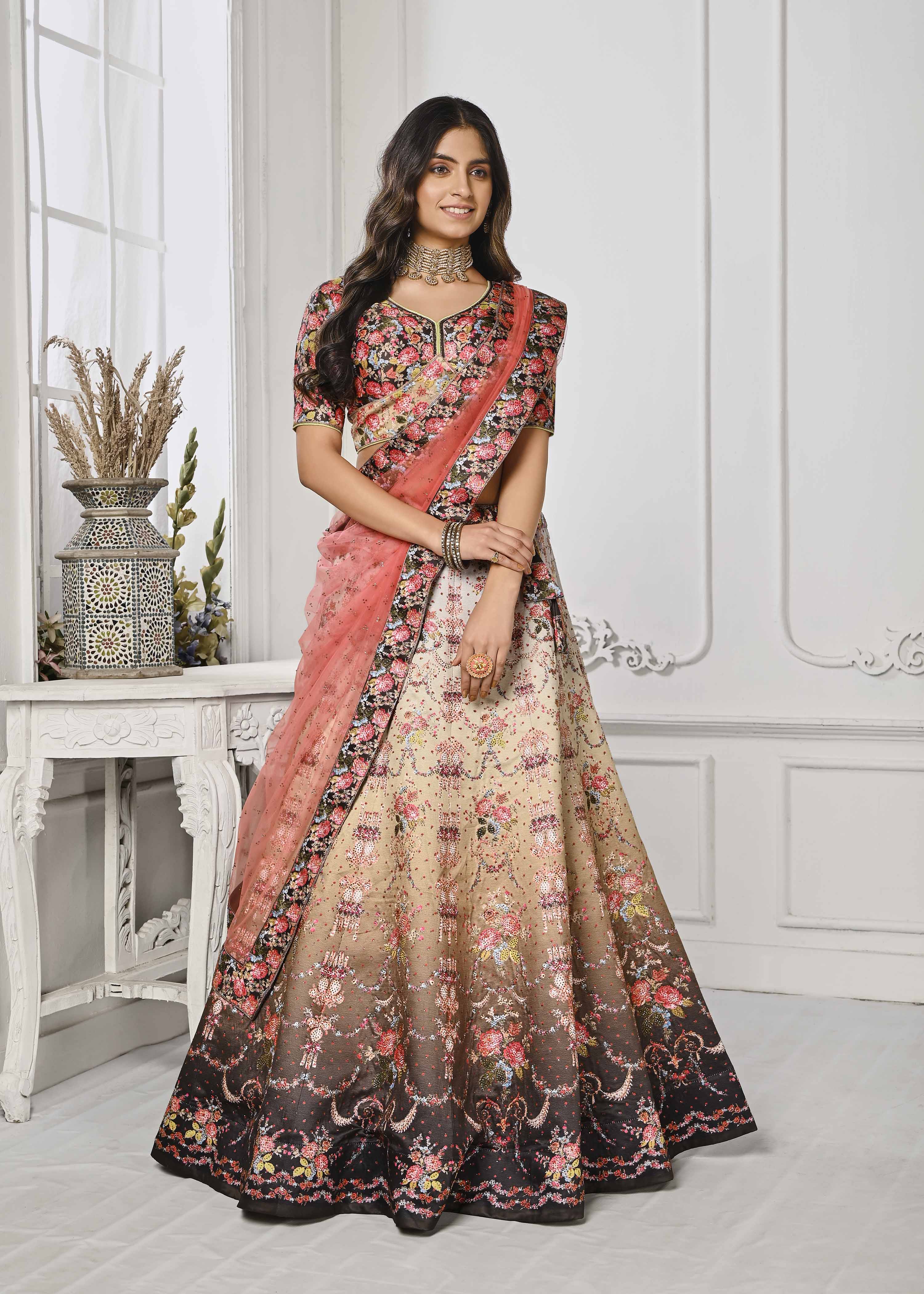 Crystal Elegance: Swarovski-Embellished Digital Print Lehenga - qivii