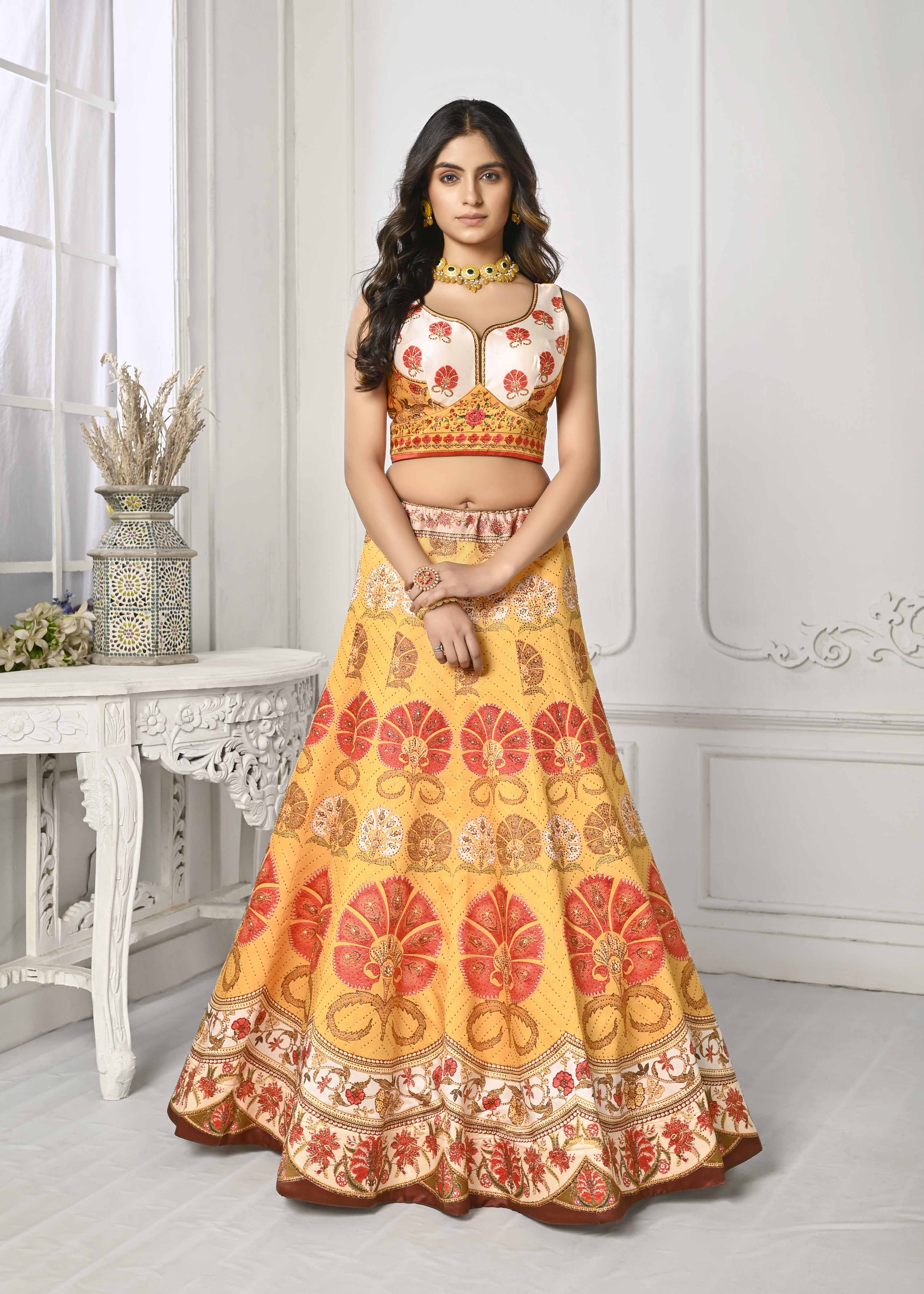 Dazzling Dreams: Swarovski Digital Print Lehenga - qivii