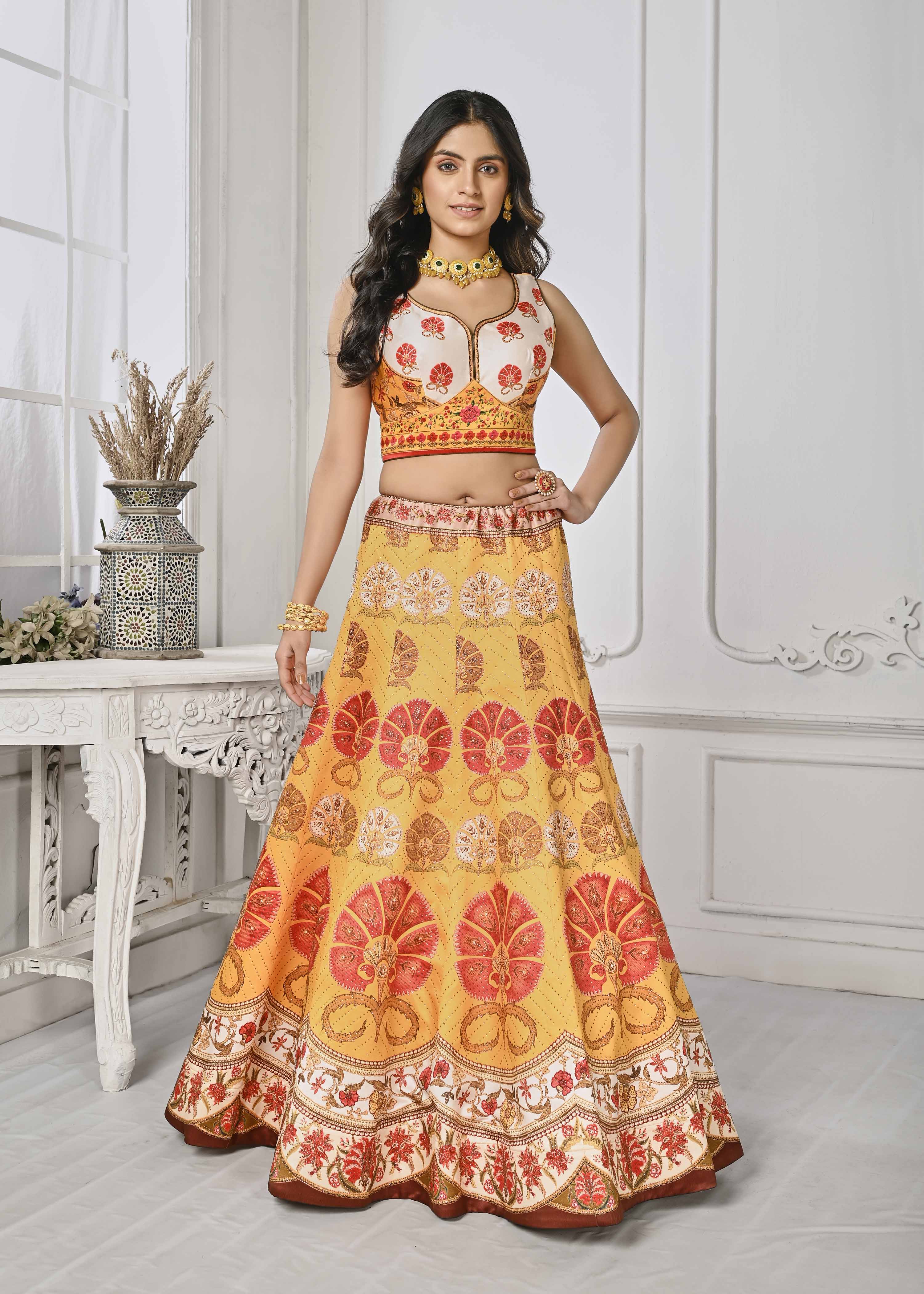 Dazzling Dreams: Swarovski Digital Print Lehenga - qivii