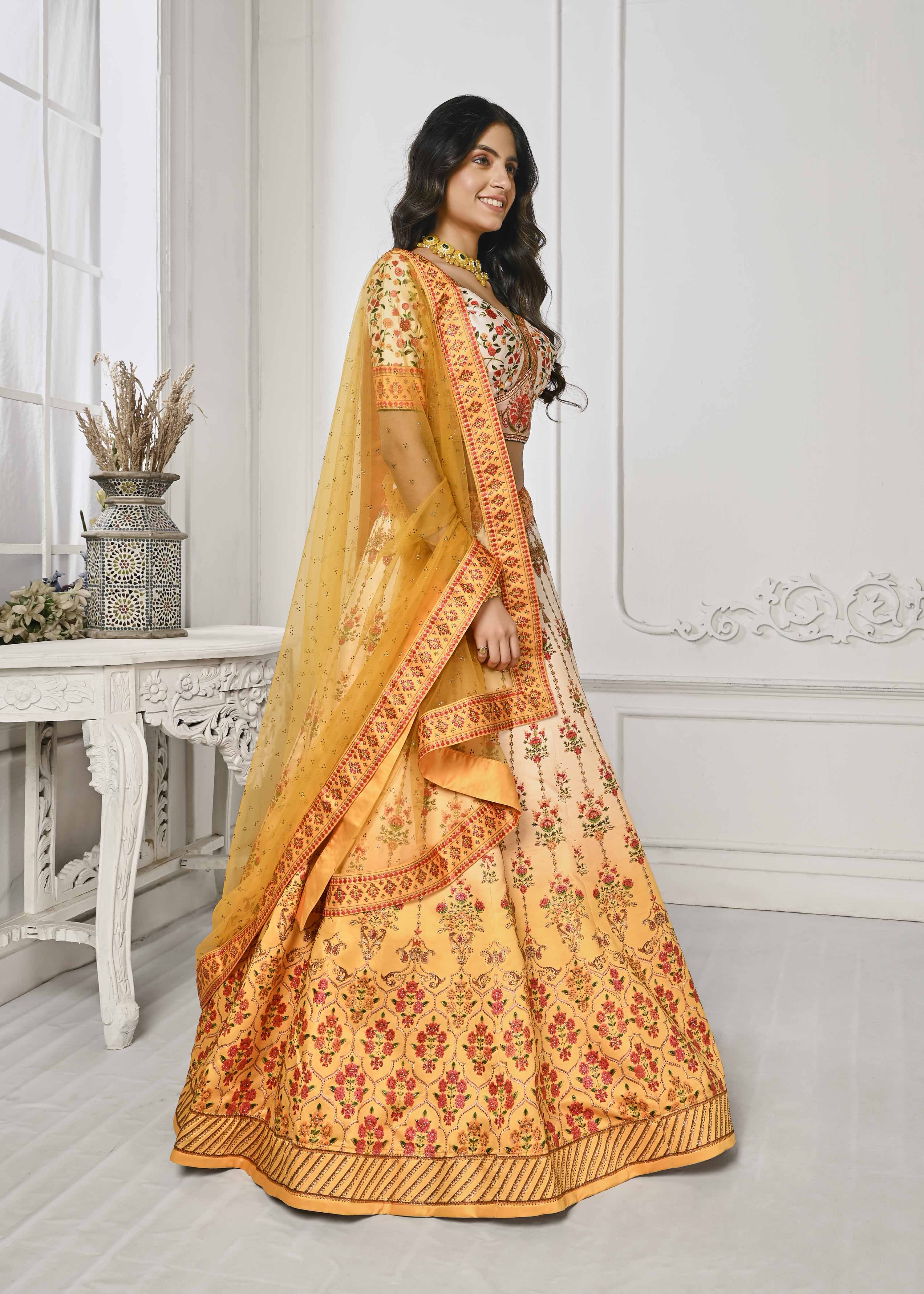 Gleaming Elegance: Swarovski Crystal Adorned Digital Print Lehenga - qivii