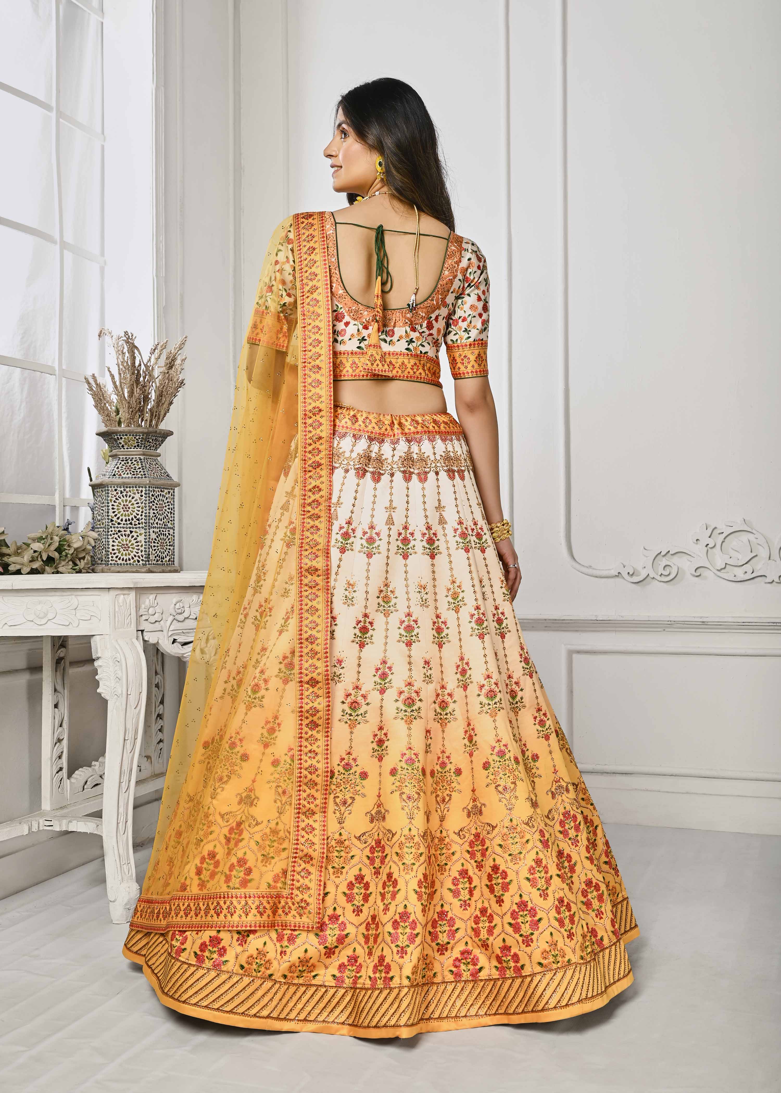 Gleaming Elegance: Swarovski Crystal Adorned Digital Print Lehenga - qivii