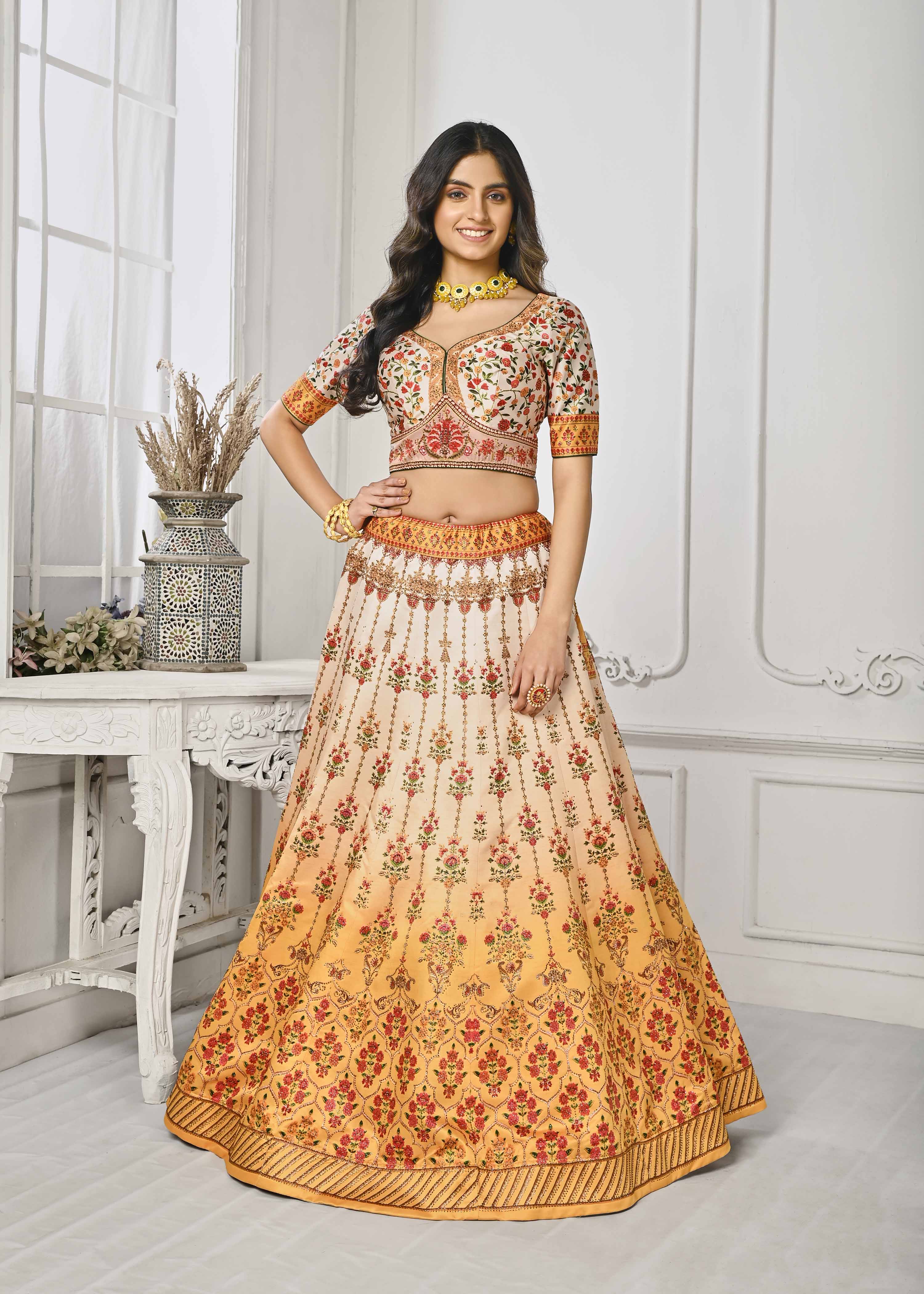 Gleaming Elegance: Swarovski Crystal Adorned Digital Print Lehenga - qivii