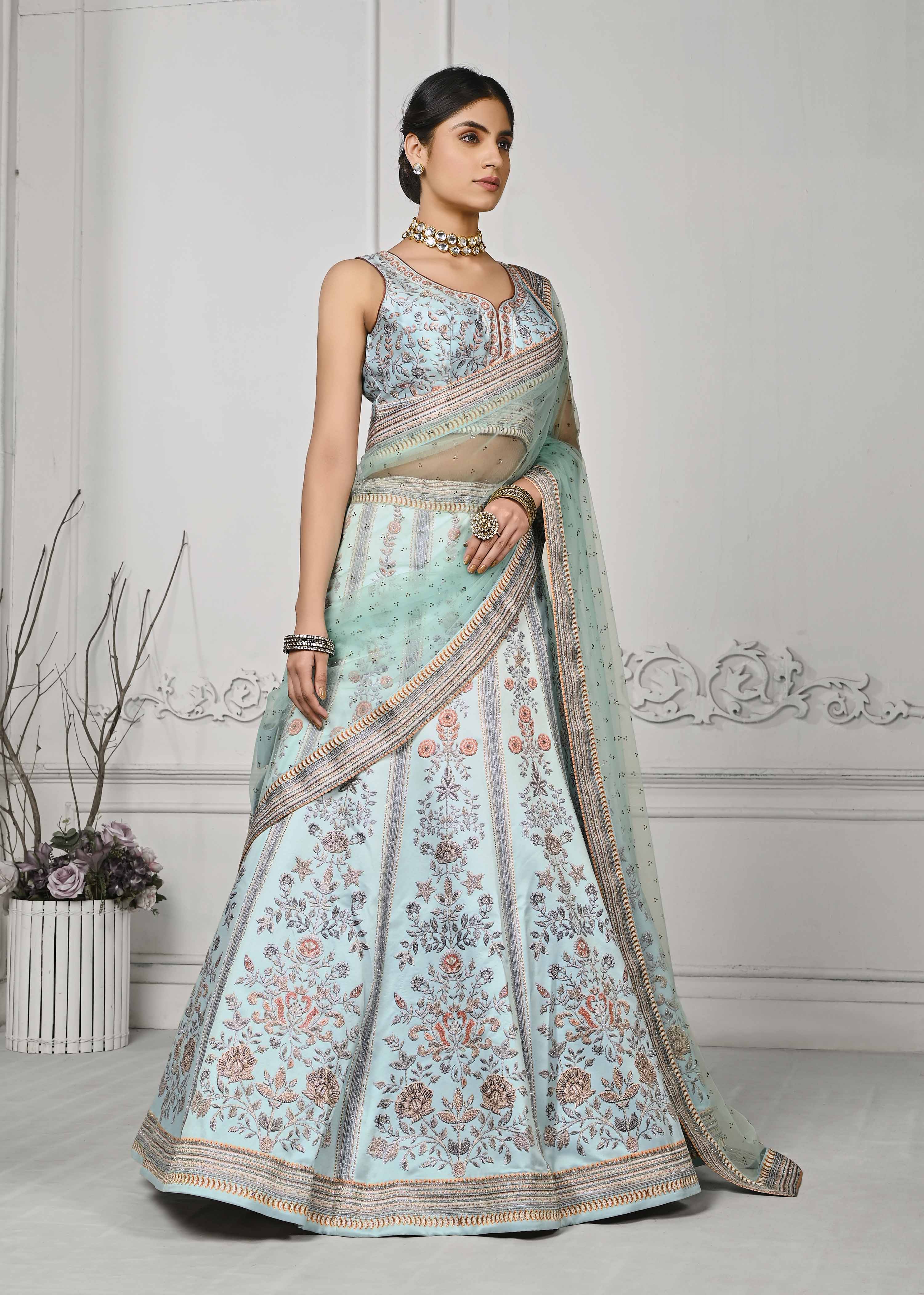 Crystal Cascade: Swarovski Embellished Digital Print Lehenga - qivii