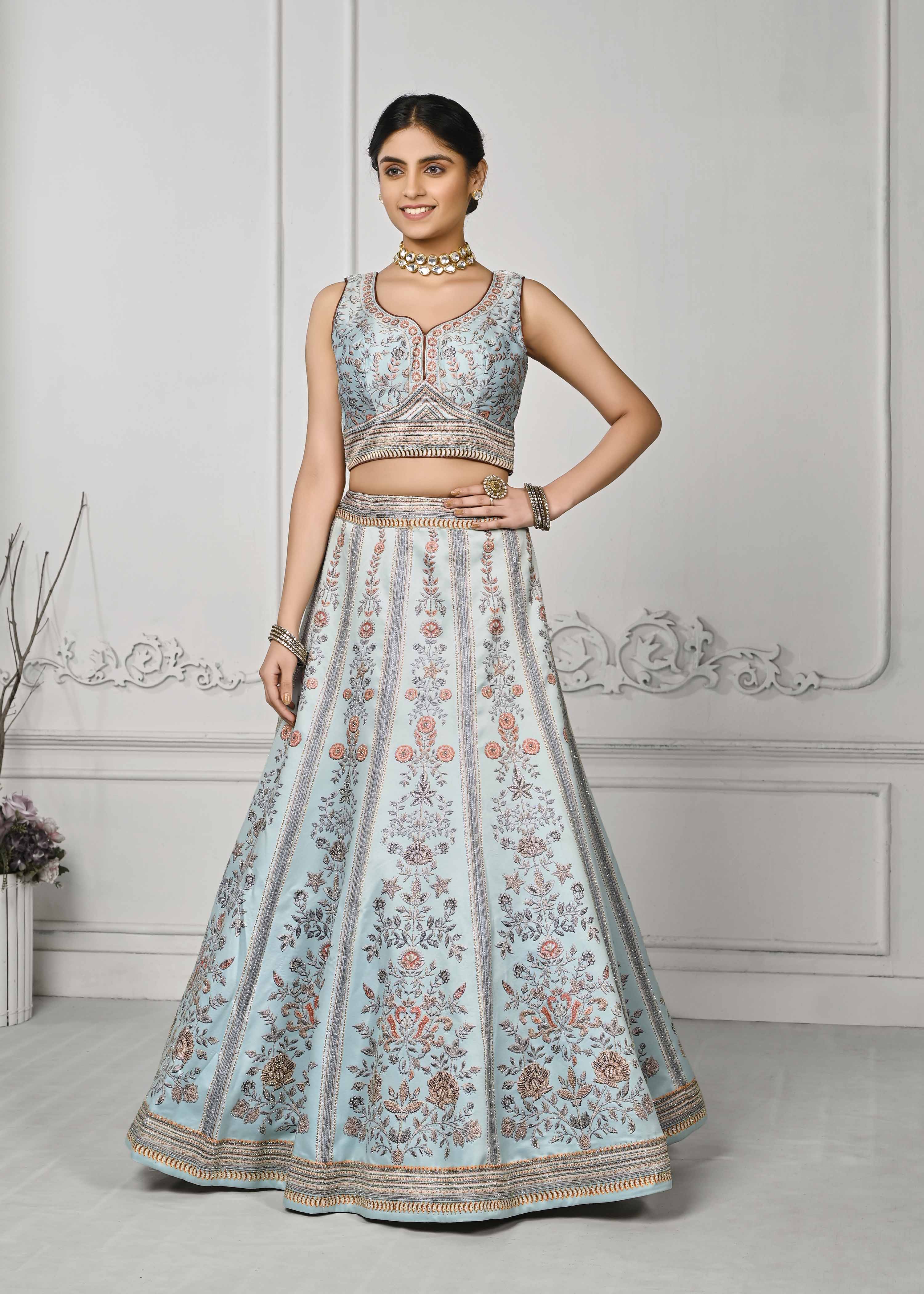 Crystal Cascade: Swarovski Embellished Digital Print Lehenga - qivii