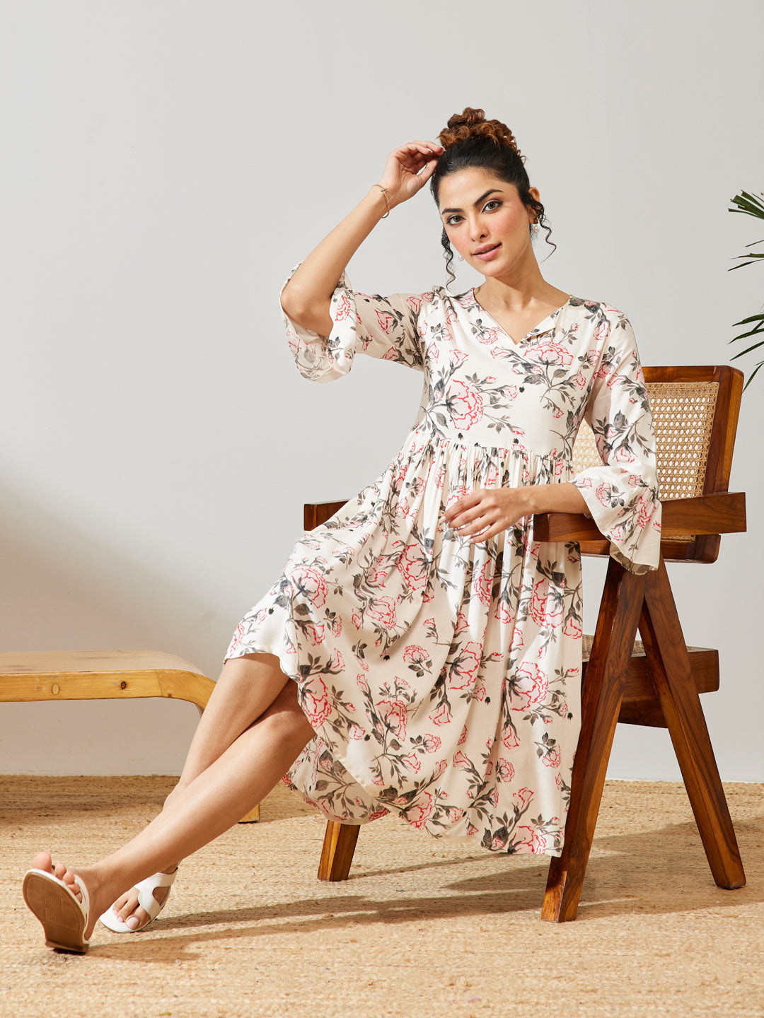 Janasya Women's Off White Rayon Floral Printed A-line Dress