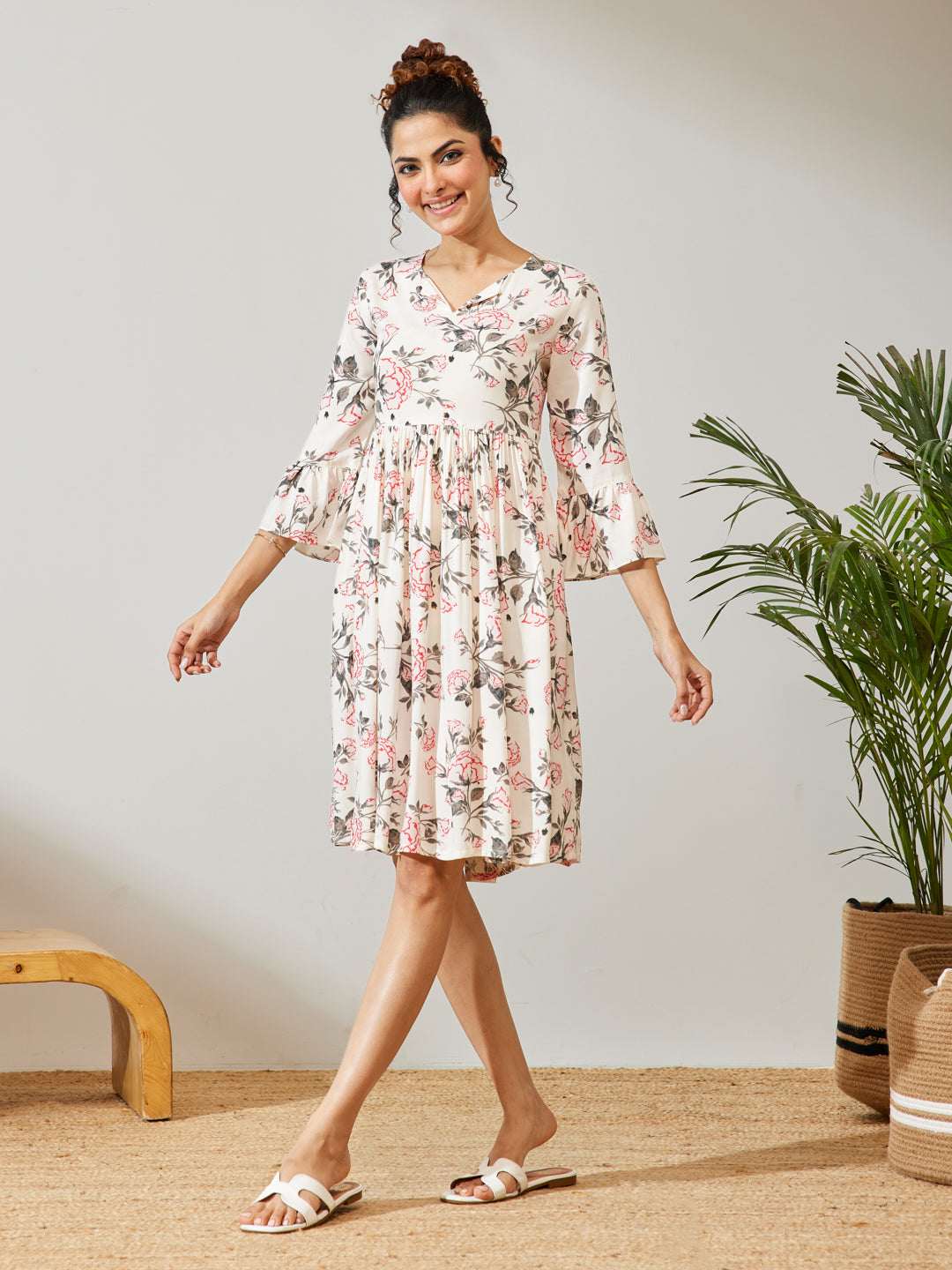 Janasya Women's Off White Rayon Floral Printed A-line Dress