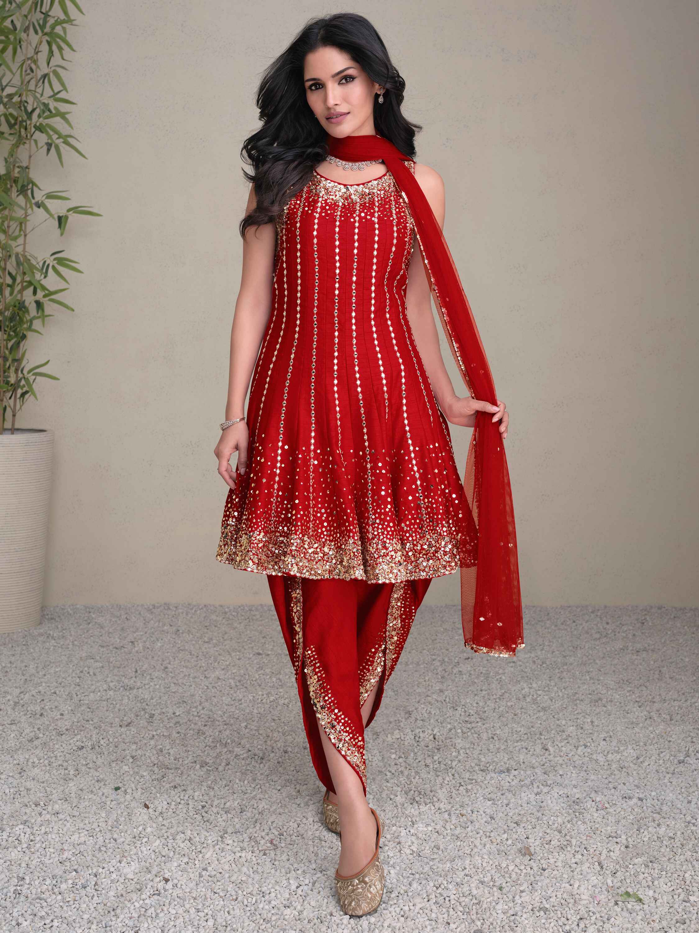 Incredible Red Sequins Work Silk Dhoti Suit With Dupatta outfit with red silk embroidered top and matching dhoti
