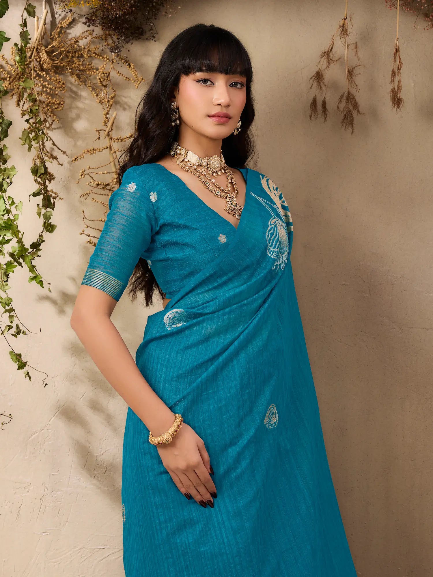Deep Teal Zari Weaving Silk Saree
